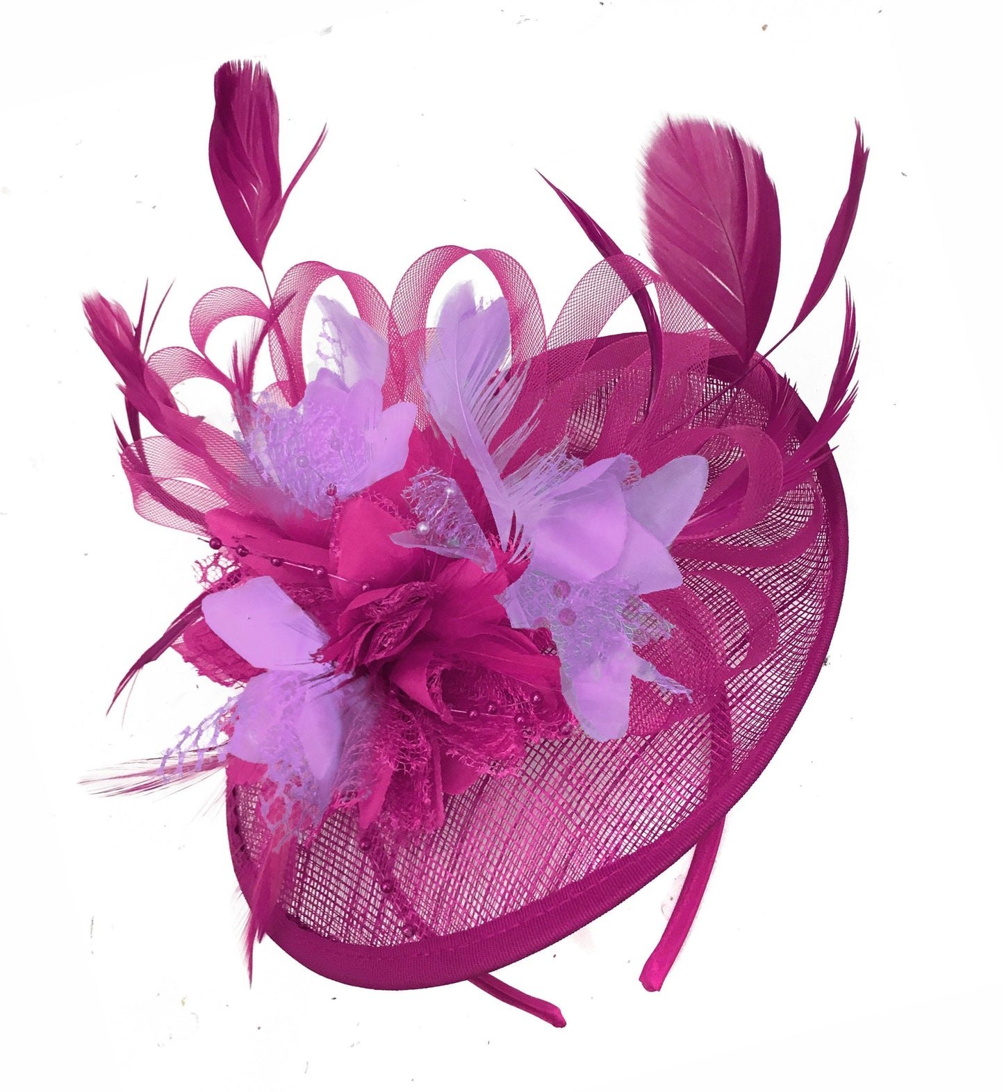 Caprilite Fuchsia Hot Pink and Lilac Purple Sinamay Disc Saucer Fascinator Hat for Women Weddings Headband