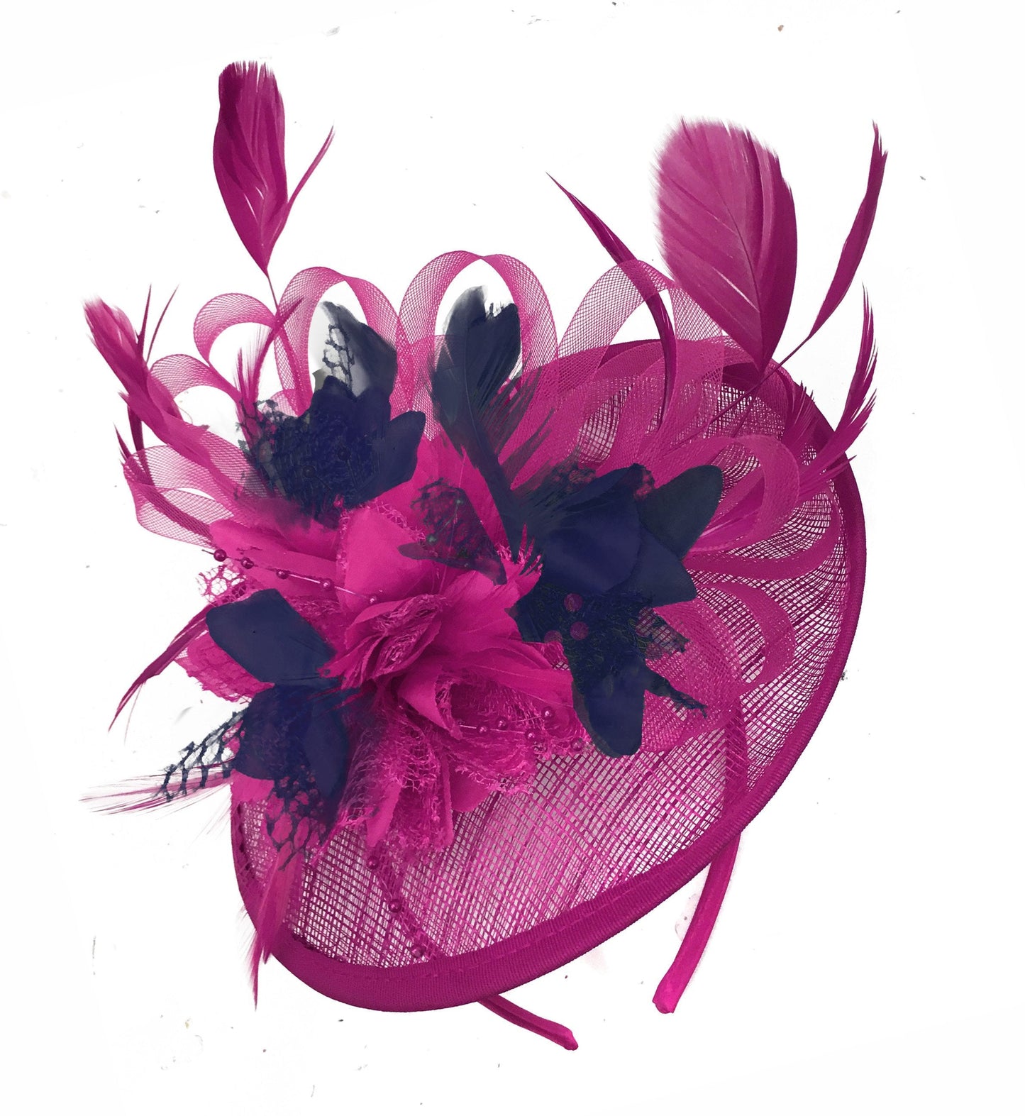 Caprilite Fuchsia Hot Pink and Navy Blue Sinamay Disc Saucer Fascinator Hat for Women Weddings Headband