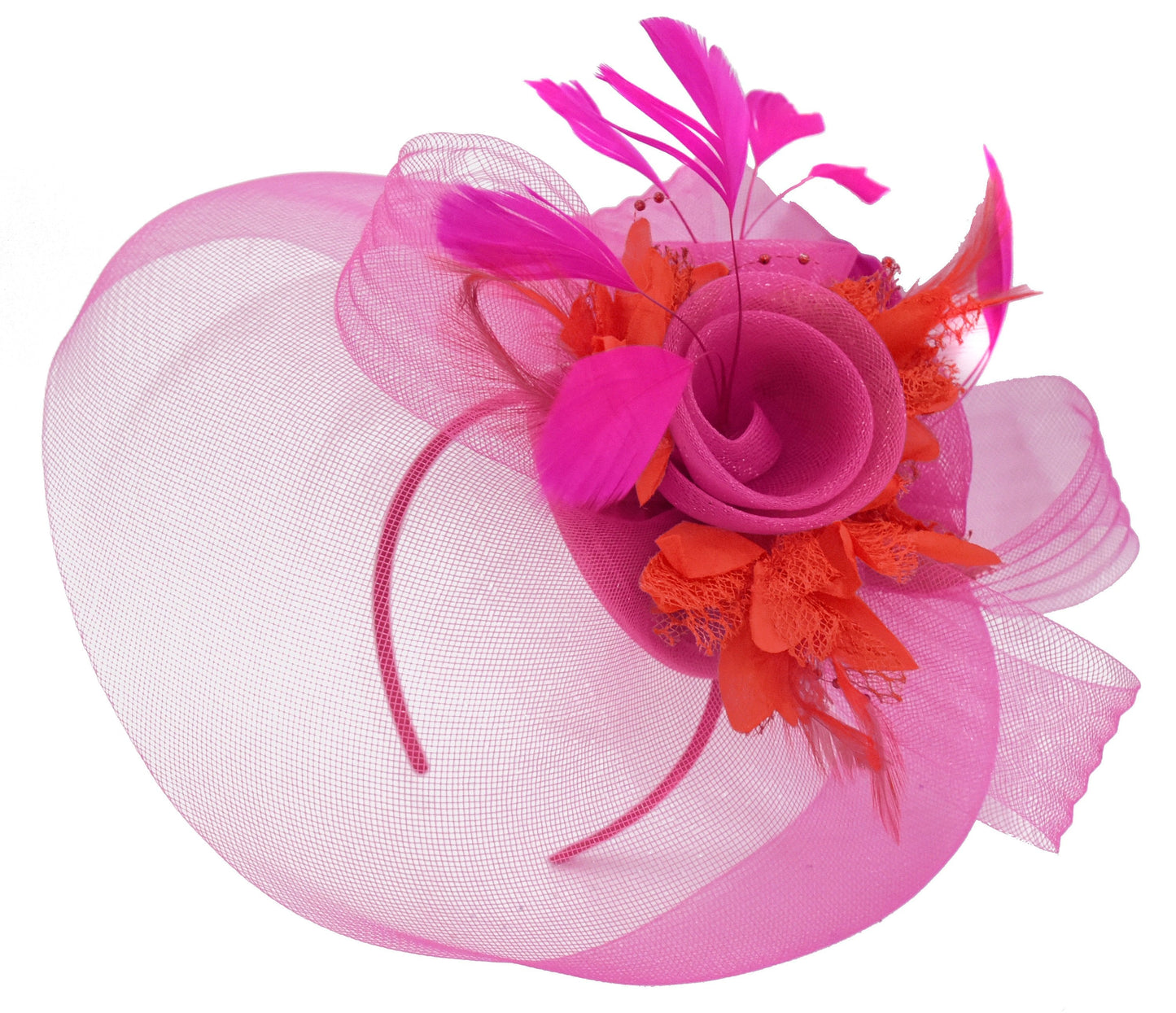 Caprilite Fuchsia Hot Pink and Red Fascinator Hat Veil Net Hair Clip Ascot Derby Races Wedding Headband Feather Flower