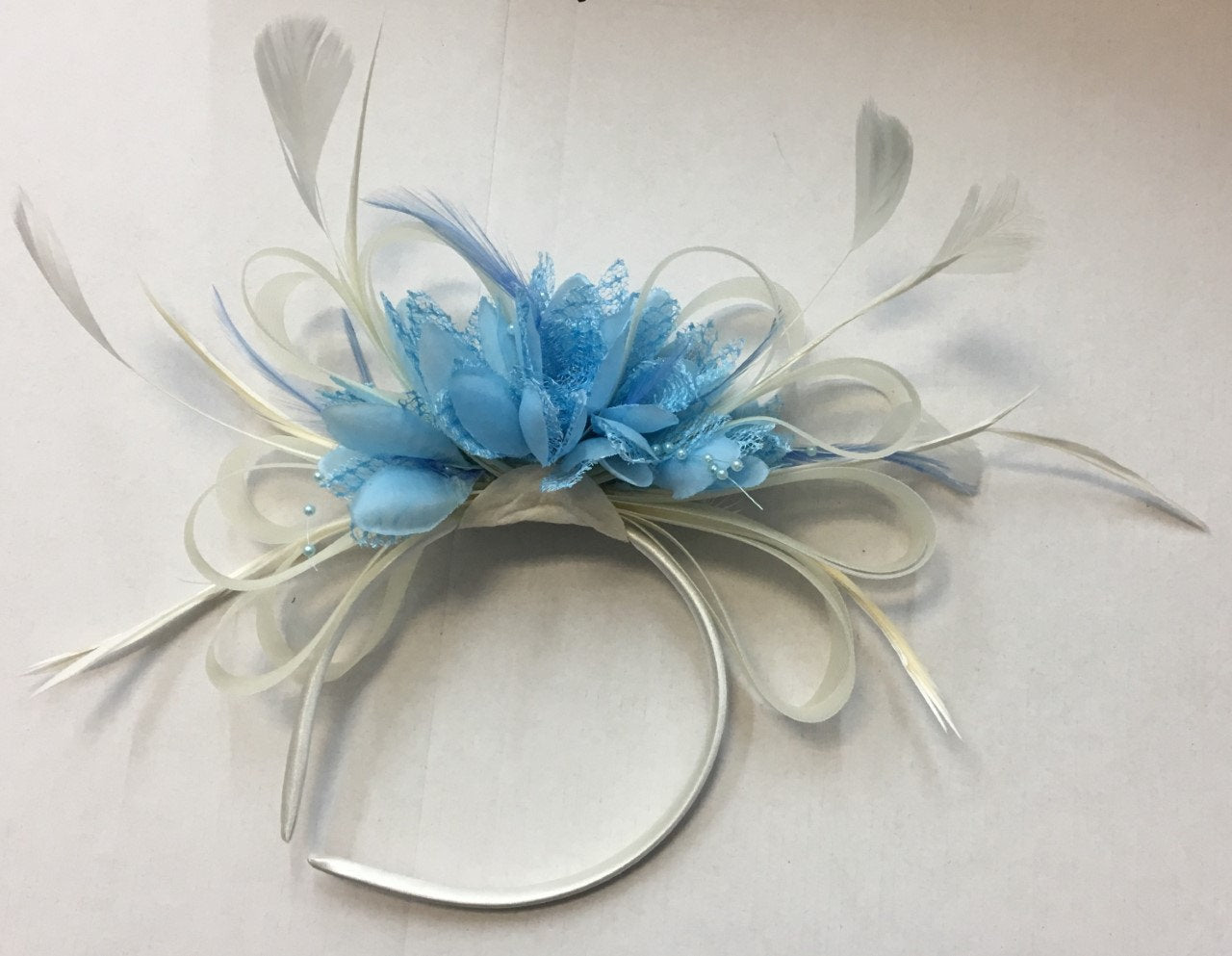 Caprilite White and Baby Blue Fascinator on Headband Alice Band UK Wedding Ascot Races Derby