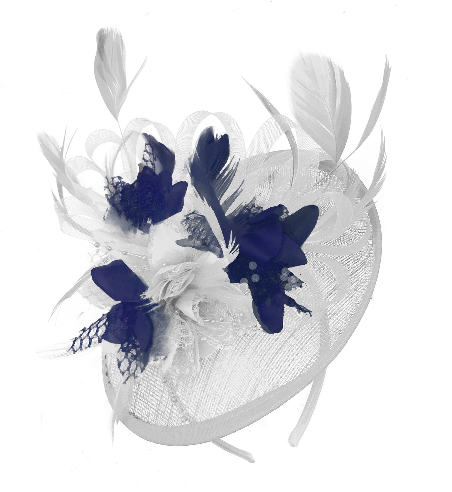 Caprilite White and Navy Sinamay Disc Saucer Fascinator Hat for Women Weddings Headband