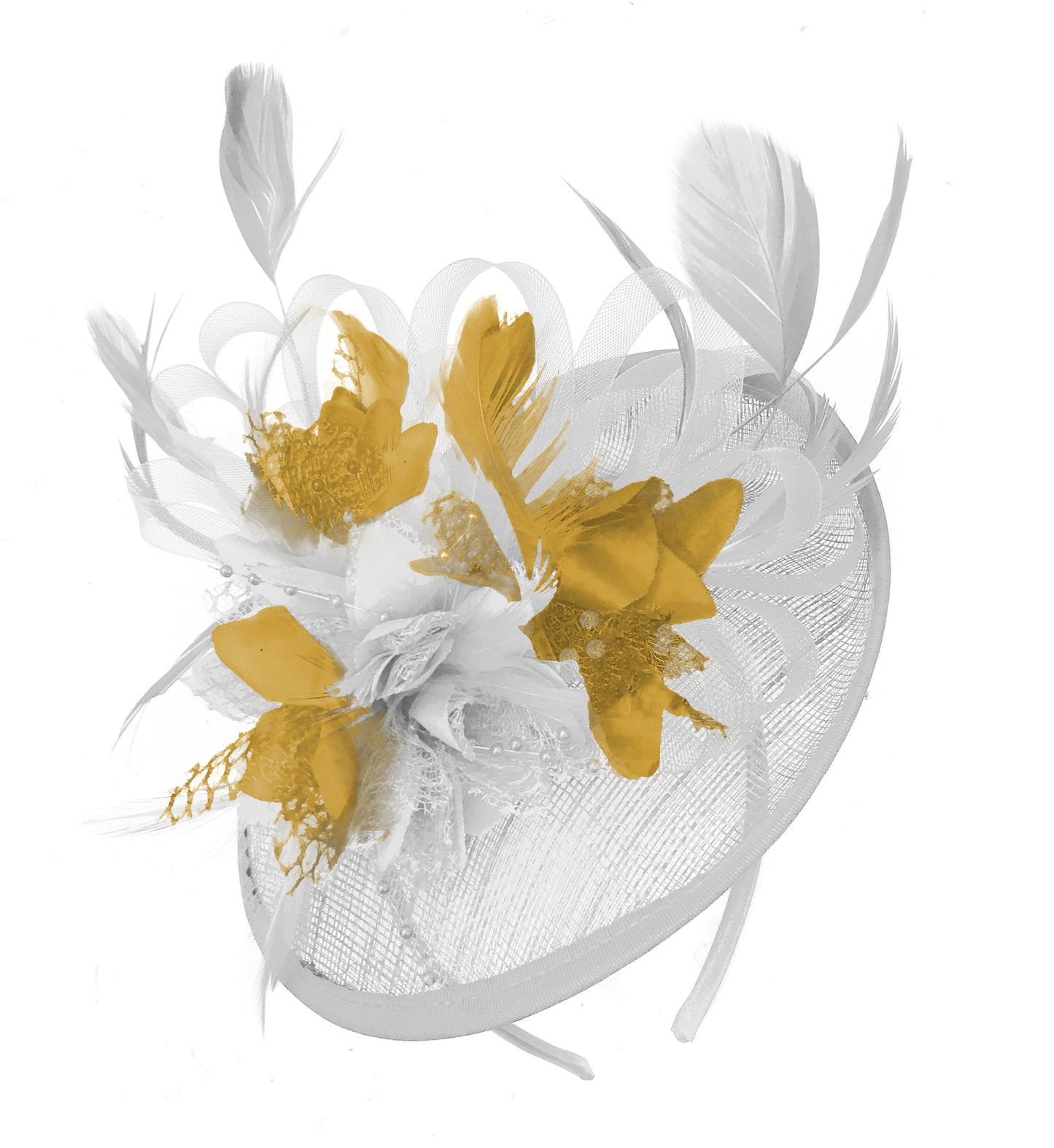 Caprilite White and Mustard Sinamay Disc Saucer Fascinator Hat for Women Weddings Headband