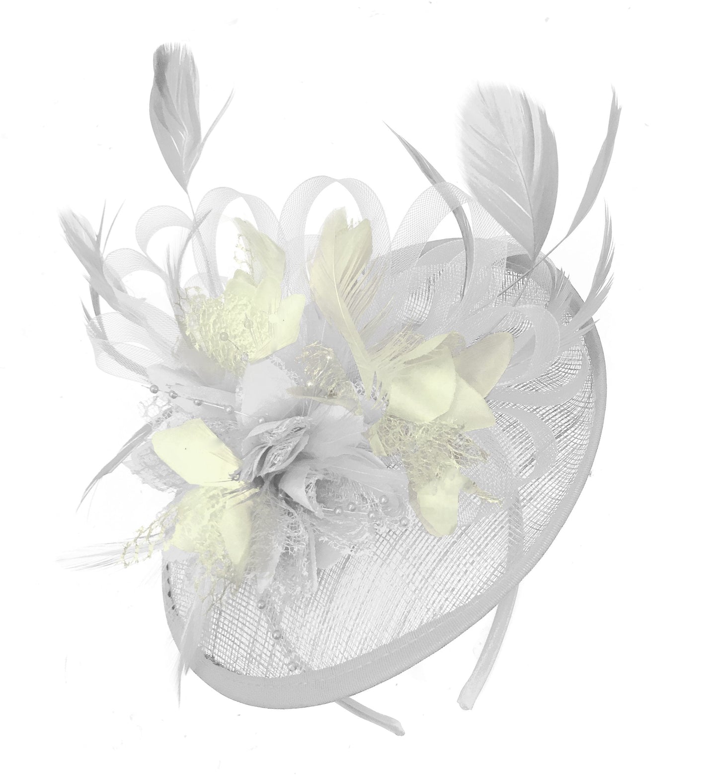 Caprilite White and Cream Sinamay Disc Saucer Fascinator Hat for Women Weddings Headband