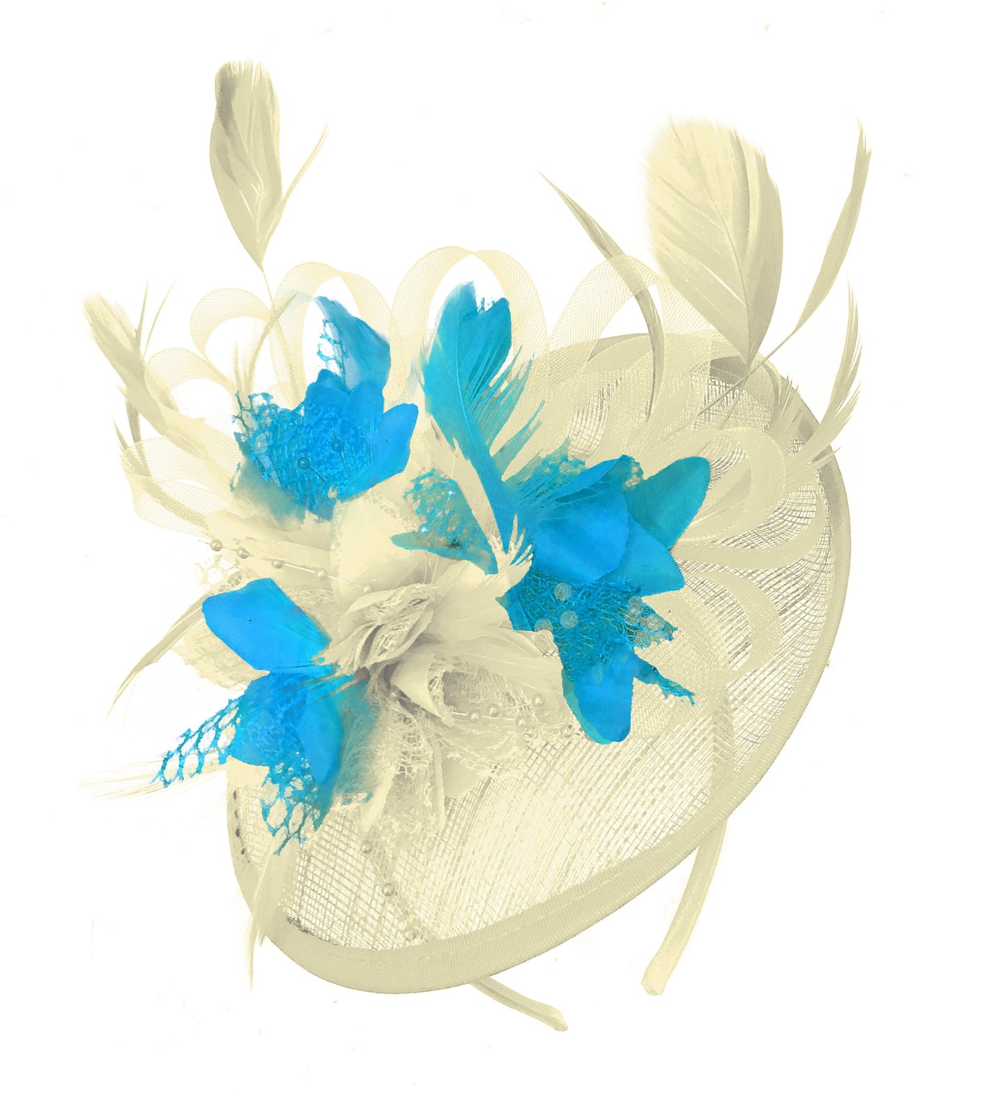 Caprilite Cream and Aqua  Sinamay Disc Saucer Fascinator Hat for Women Weddings Headband