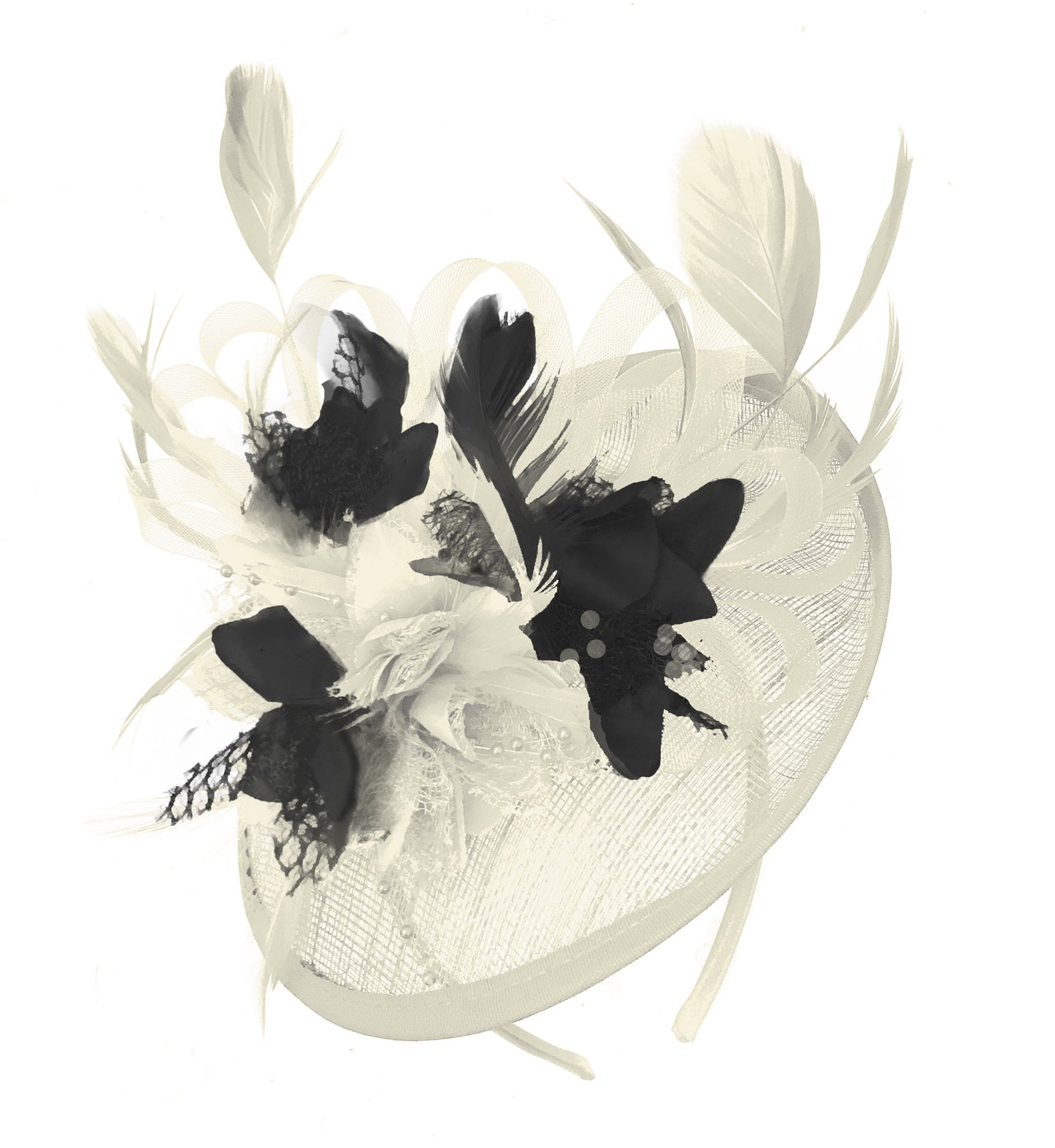 Bespoke with Grey Feathers - Caprilite Cream and Black Sinamay Disc Saucer Fascinator Hat for Women Weddings Headband