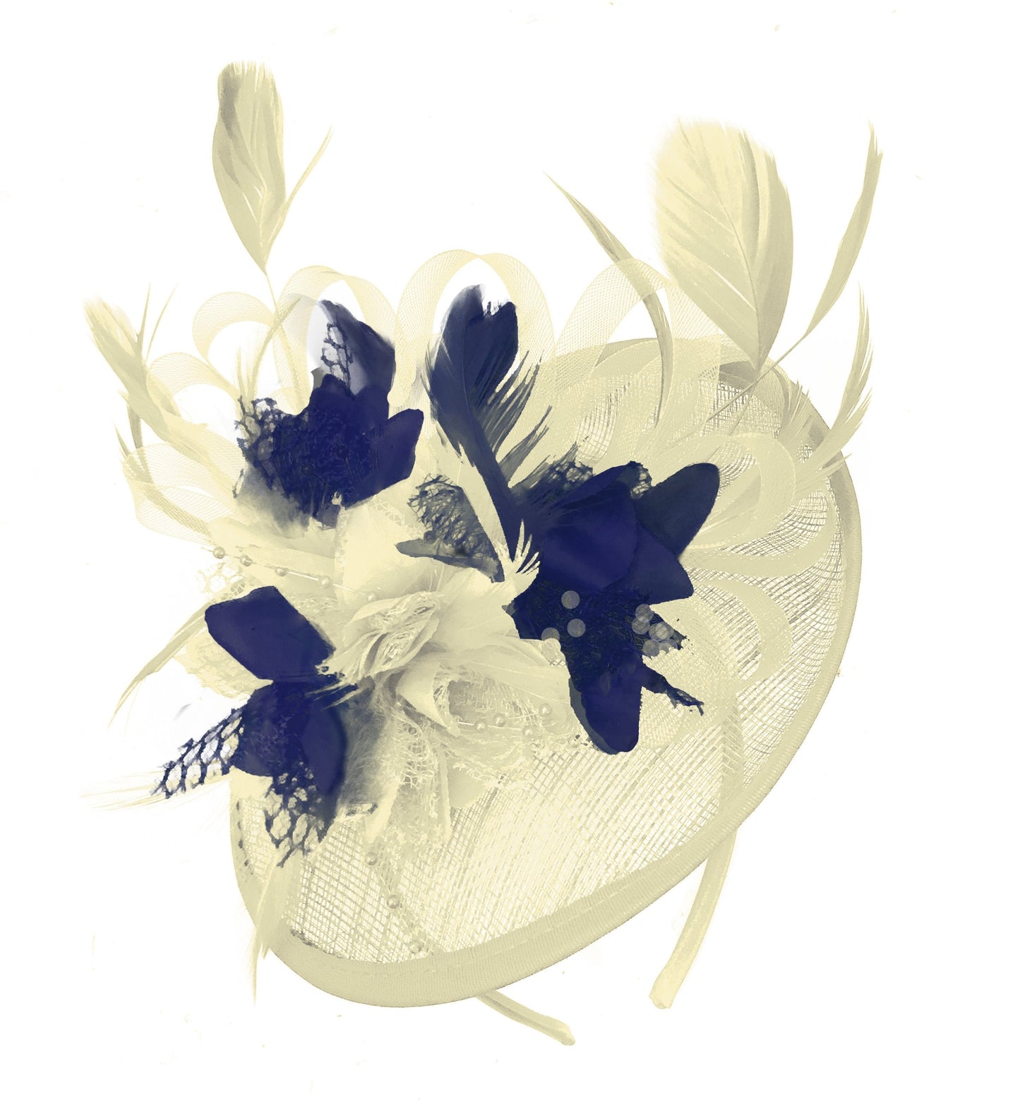 Caprilite Cream and Navy Sinamay Disc Saucer Fascinator Hat for Women Weddings Headband