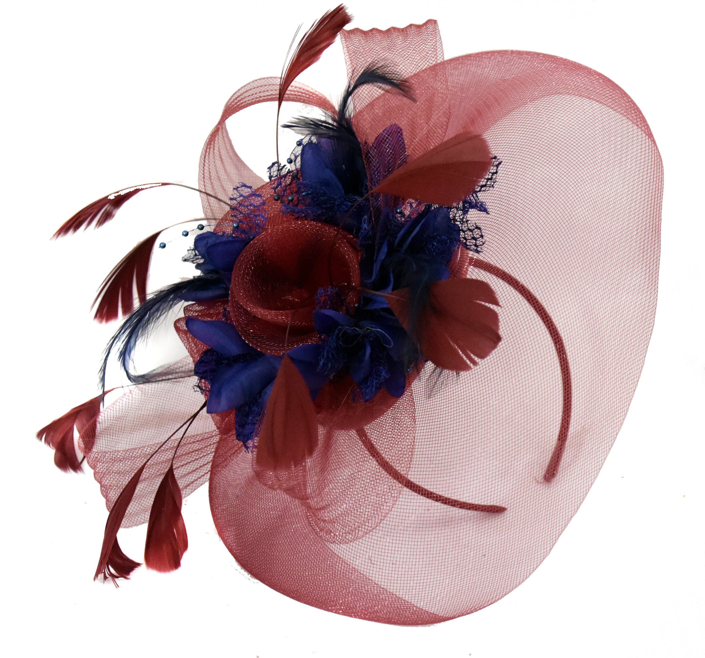 Caprilite Burgundy and Navy Fascinator on Headband Veil UK Wedding Ascot Races Hatinator