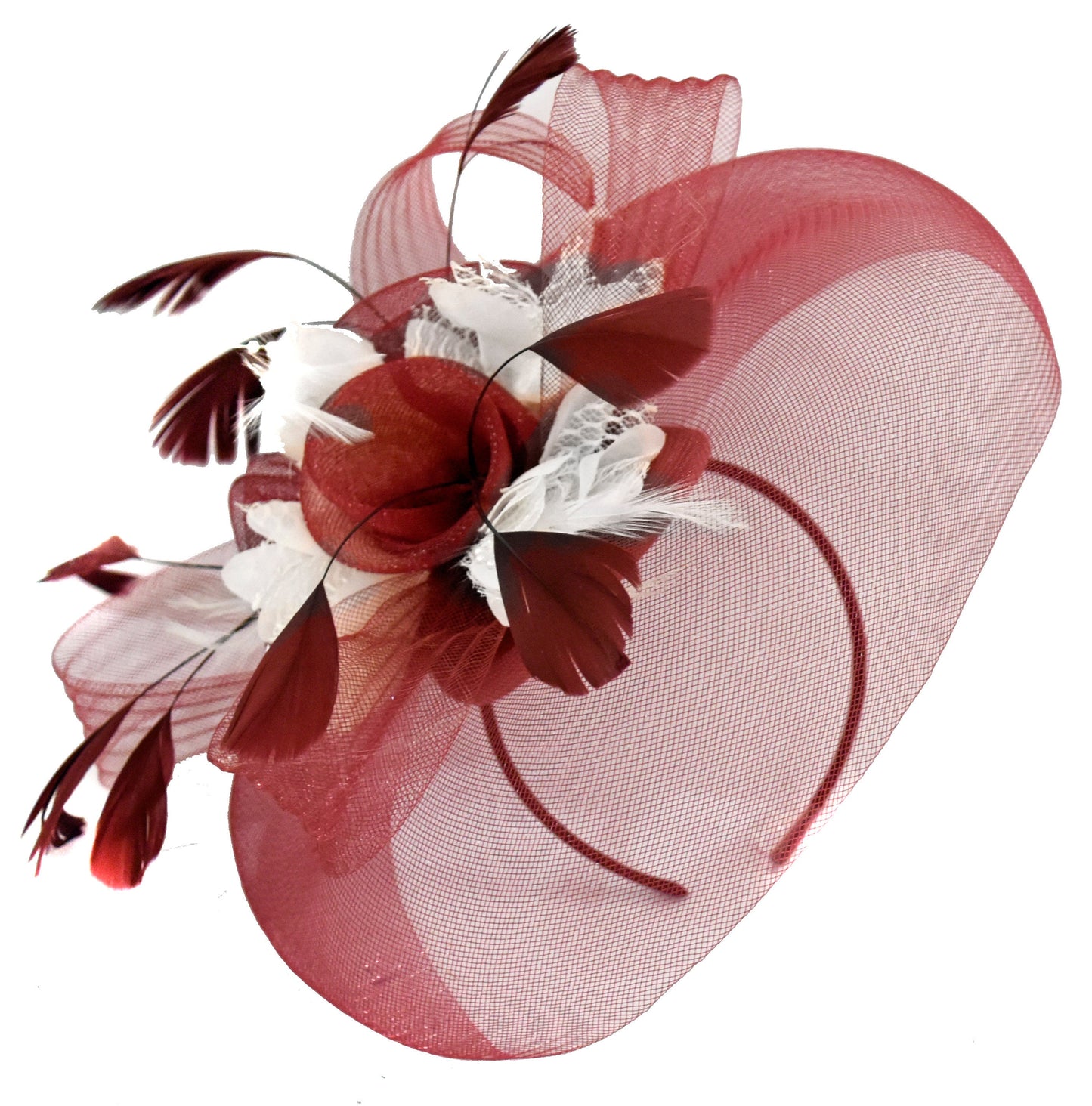 Caprilite Burgundy and White Fascinator on Headband Veil UK Wedding Ascot Races Hatinator