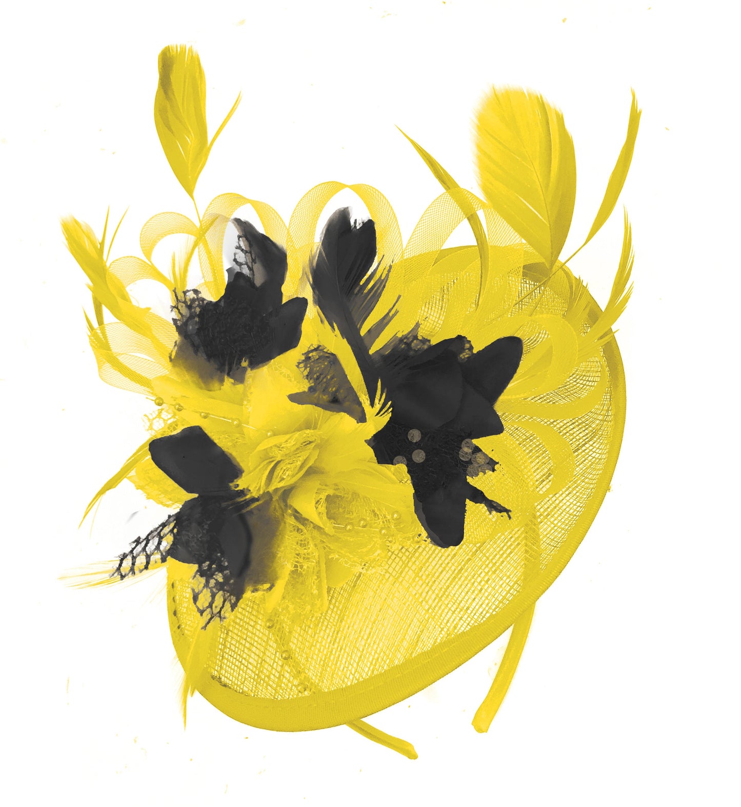 Caprilite Yellow and Black Sinamay Disc Saucer Fascinator Hat for Women Weddings Headband