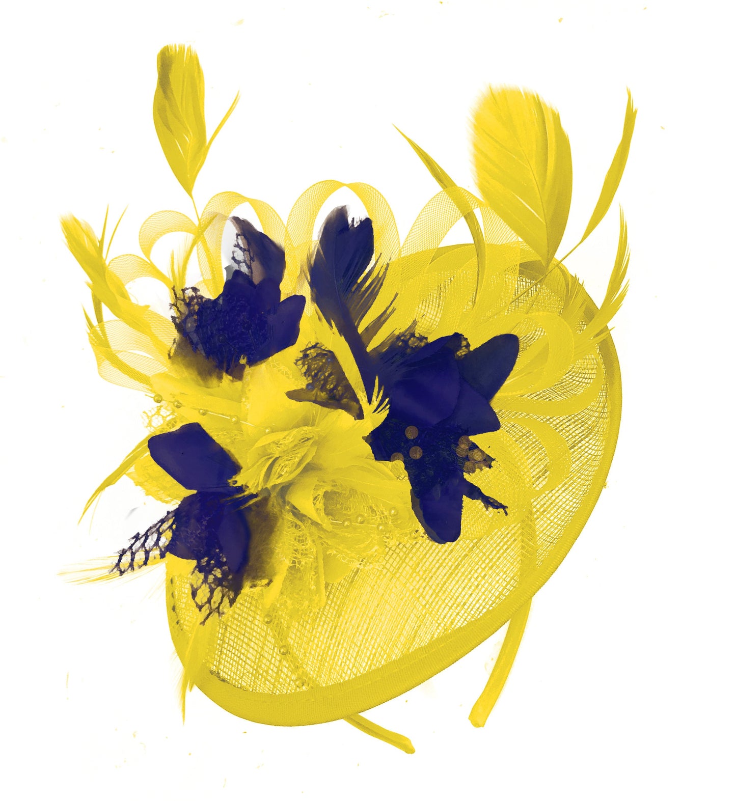 Caprilite Yellow and Navy Blue Sinamay Disc Saucer Fascinator Hat for Women Weddings Headband