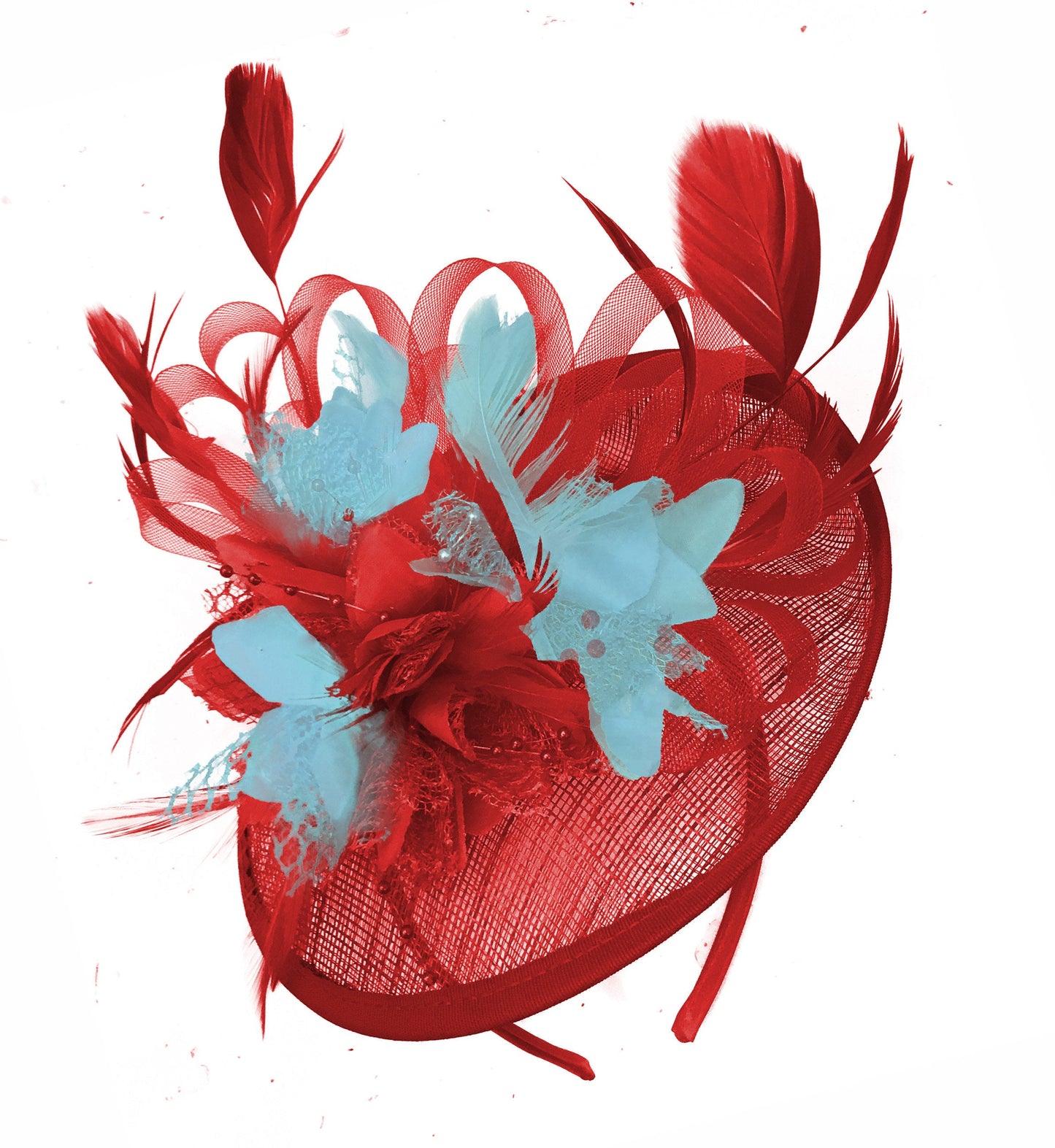 Caprilite Red and Light Aqua Sinamay Disc Saucer Fascinator Hat for Women Weddings Headband