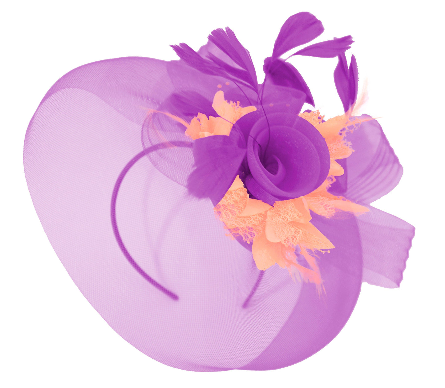 Caprilite Purple and Peach Fascinator on Headband Veil UK Wedding Ascot Races Hatinator