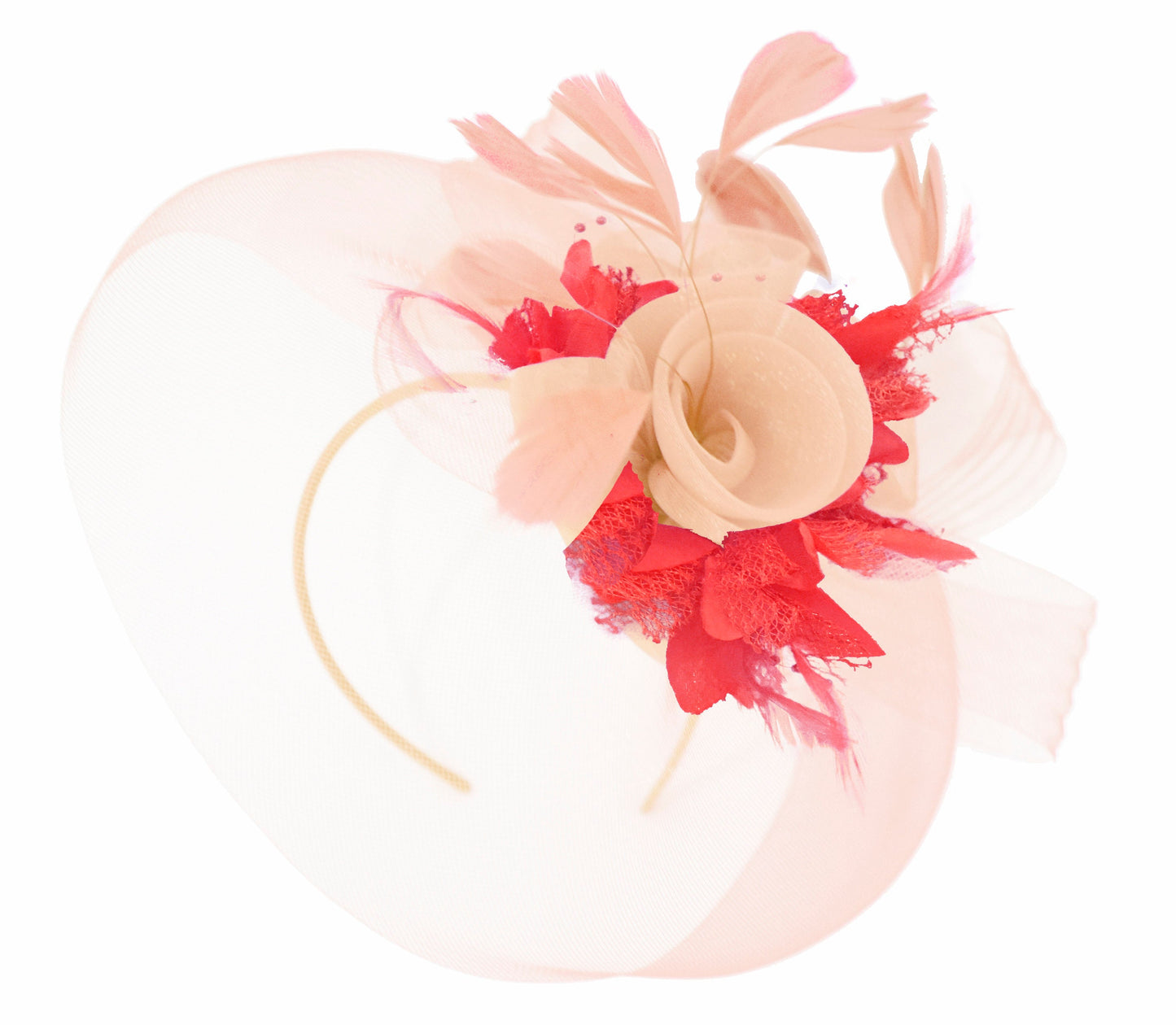 Caprilite Nude Pink Peach and Red Fascinator Hat Veil Net Hair Clip Ascot Derby Races Wedding Headband Feather Flower