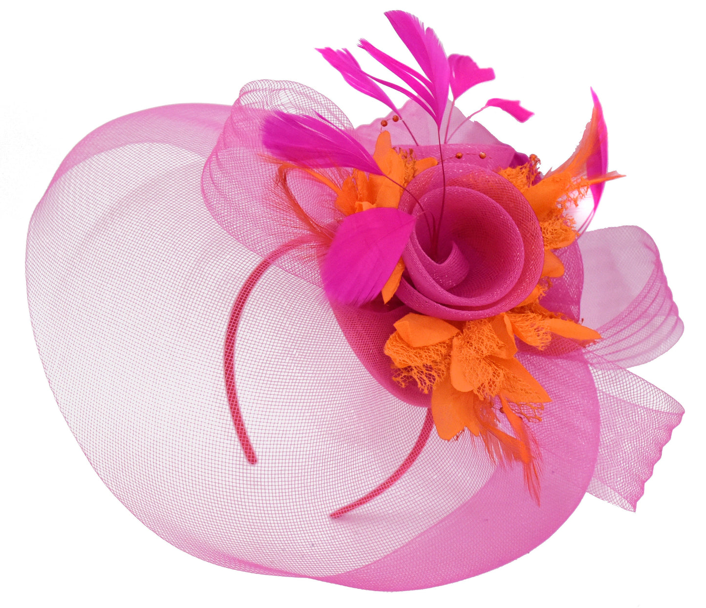 Caprilite Fuchsia Hot Pink and Orange Fascinator Hat Veil Net Hair Clip Ascot Derby Races Wedding Headband Feather Flower