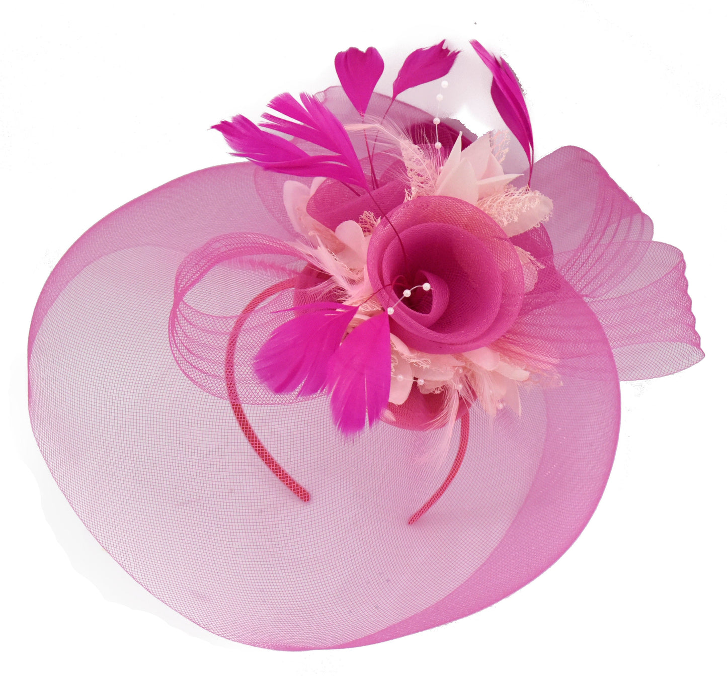 Caprilite Fuchsia Hot Pink and Peach Fascinator Hat Veil Net Hair Clip Ascot Derby Races Wedding Headband Feather Flower