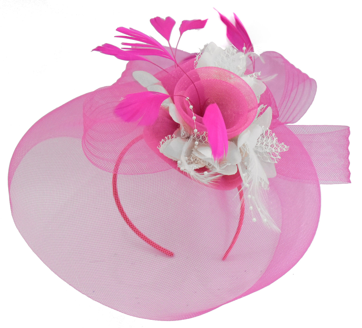 Caprilite Fuchsia Hot Pink and White Fascinator Hat Veil Net Hair Clip Ascot Derby Races Wedding Headband Feather Flower