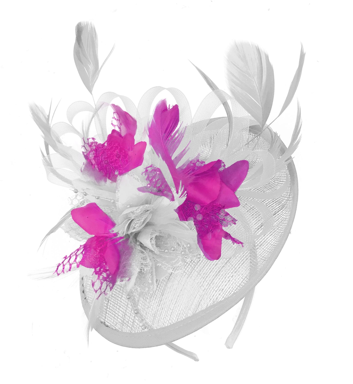 Caprilite White and Fuchsia Sinamay Disc Saucer Fascinator Hat for Women Weddings Headband