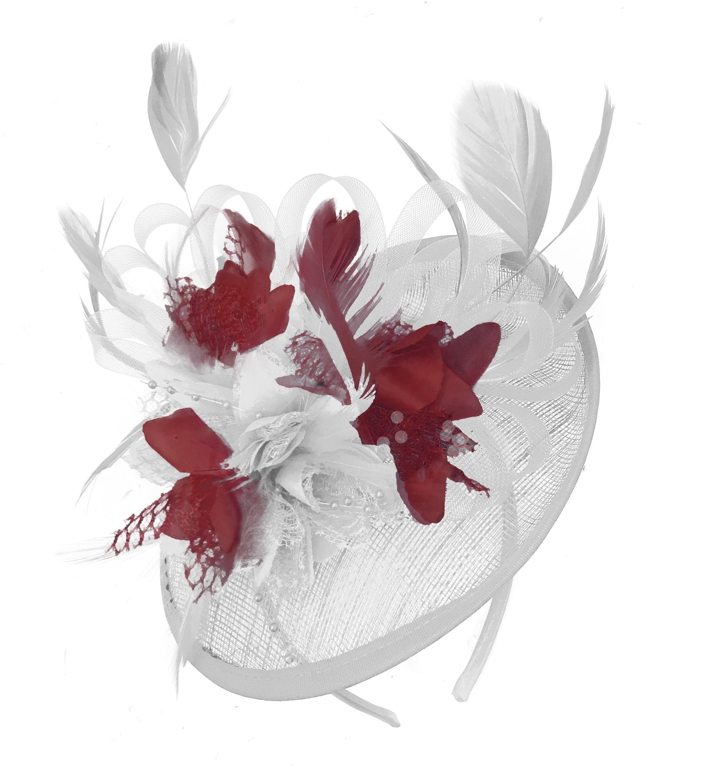 Caprilite White and Burgundy Sinamay Disc Saucer Fascinator Hat for Women Weddings Headband