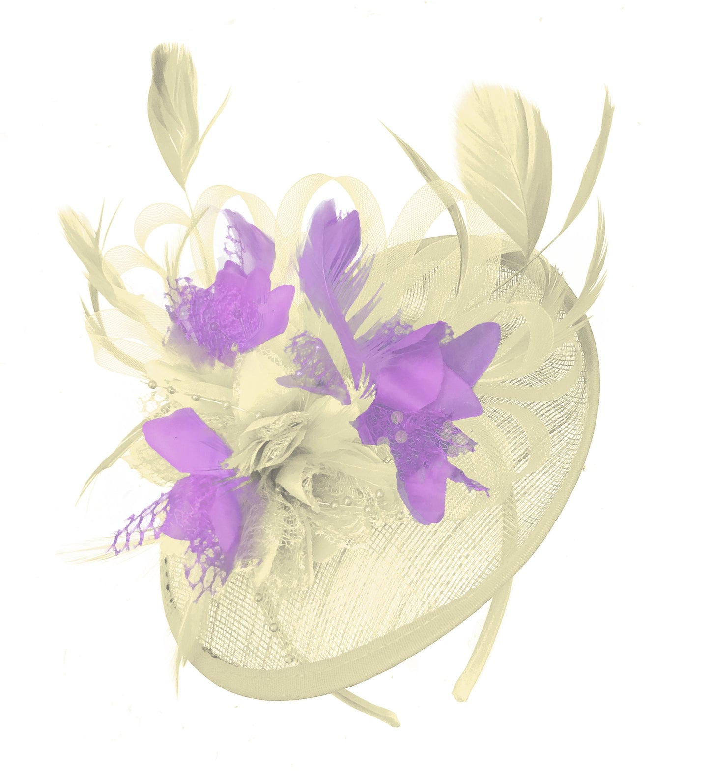 Caprilite Cream and Lilac Sinamay Disc Saucer Fascinator Hat for Women Weddings Headband