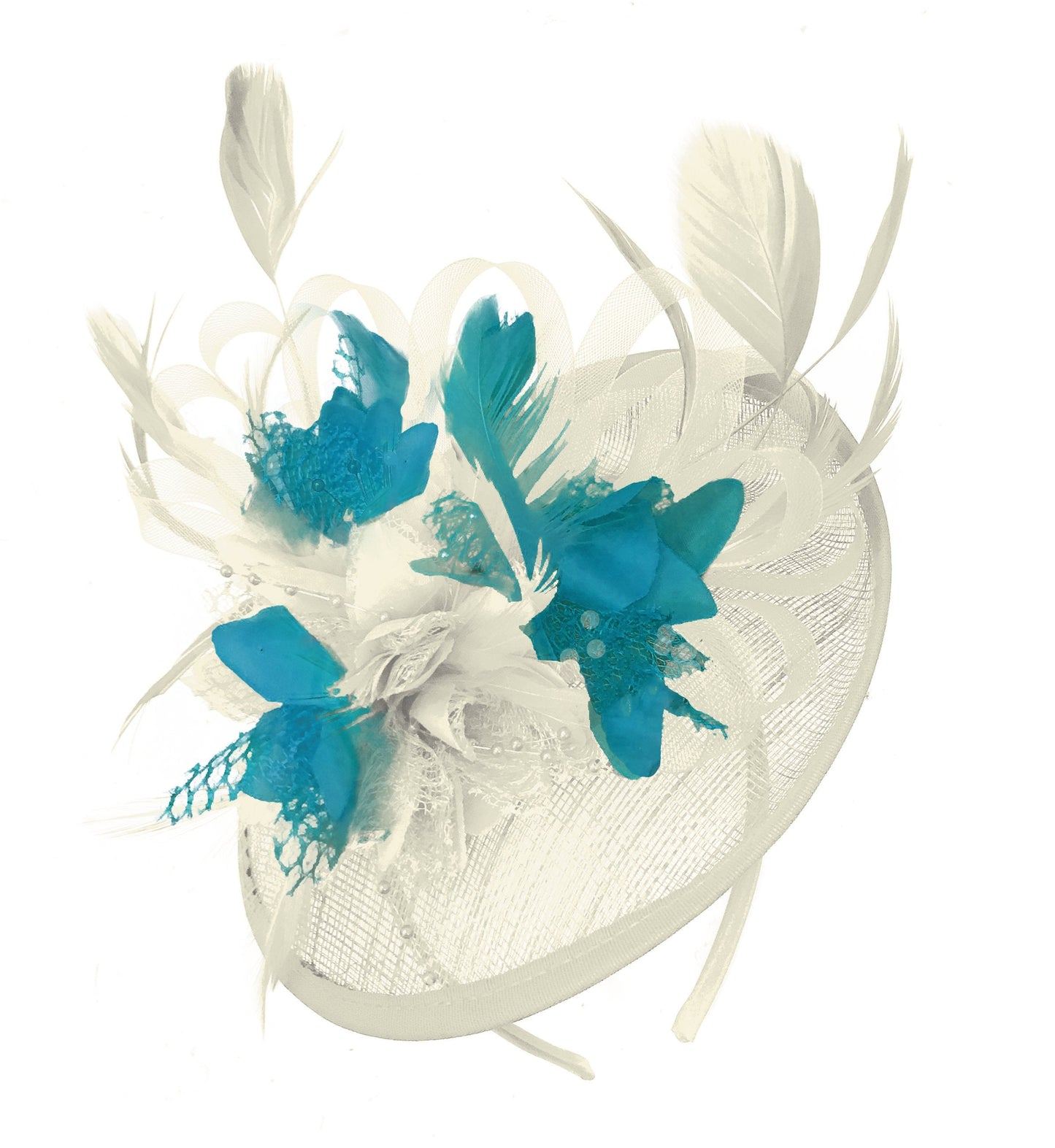 Caprilite Cream and Teal Sinamay Disc Saucer Fascinator Hat for Women Weddings Headband