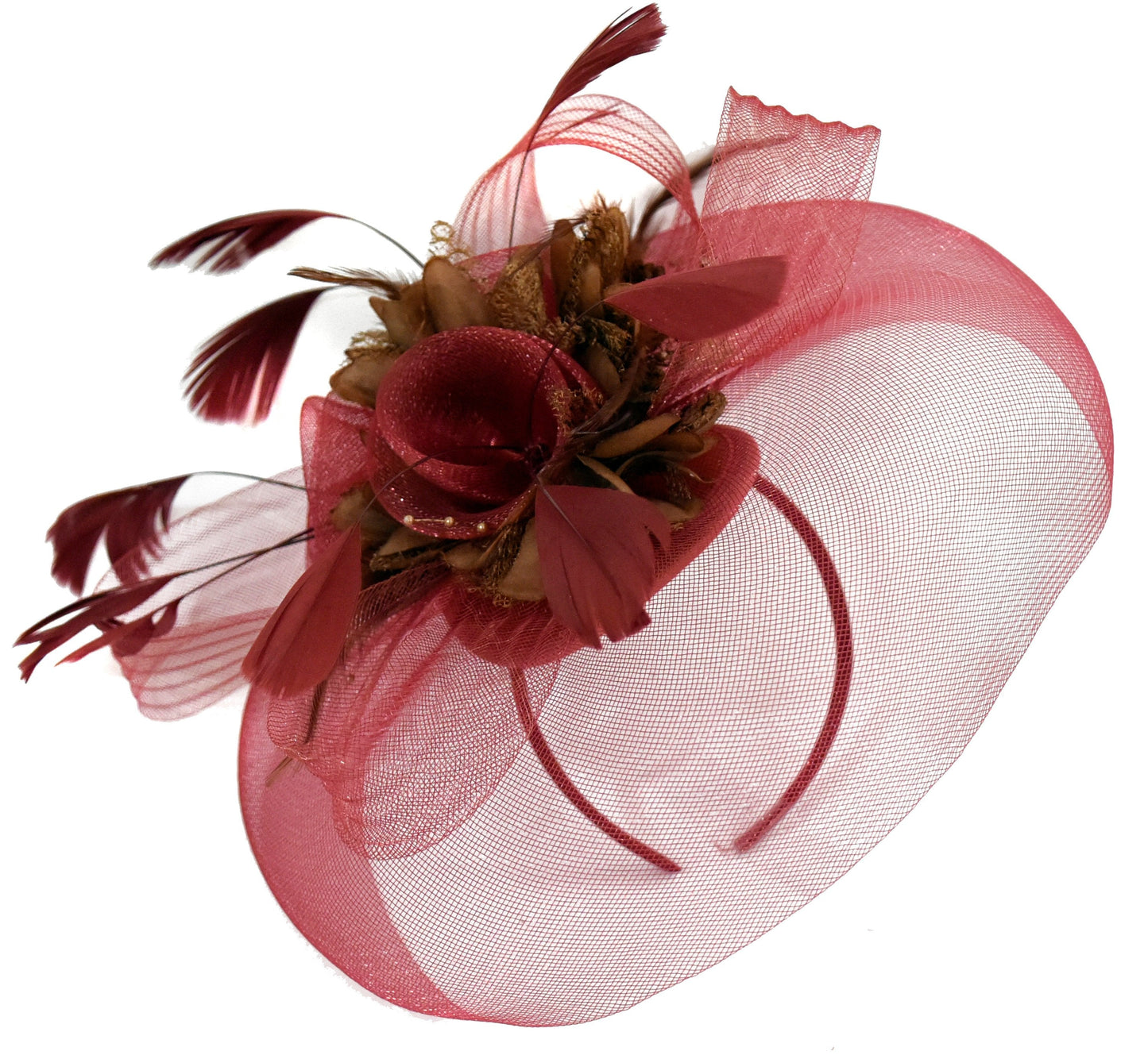 Caprilite Burgundy and Brown Fascinator on Headband Veil UK Wedding Ascot Races Hatinator