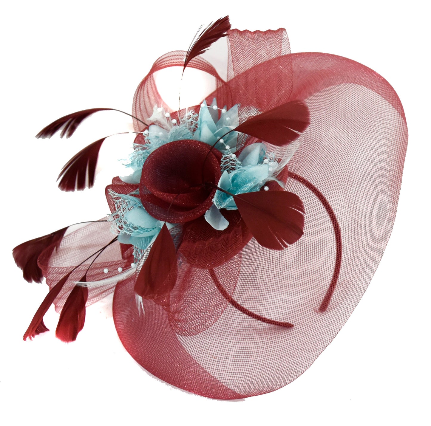 Caprilite Burgundy and Light Blue Fascinator on Headband Veil UK Wedding Ascot Races Hatinator