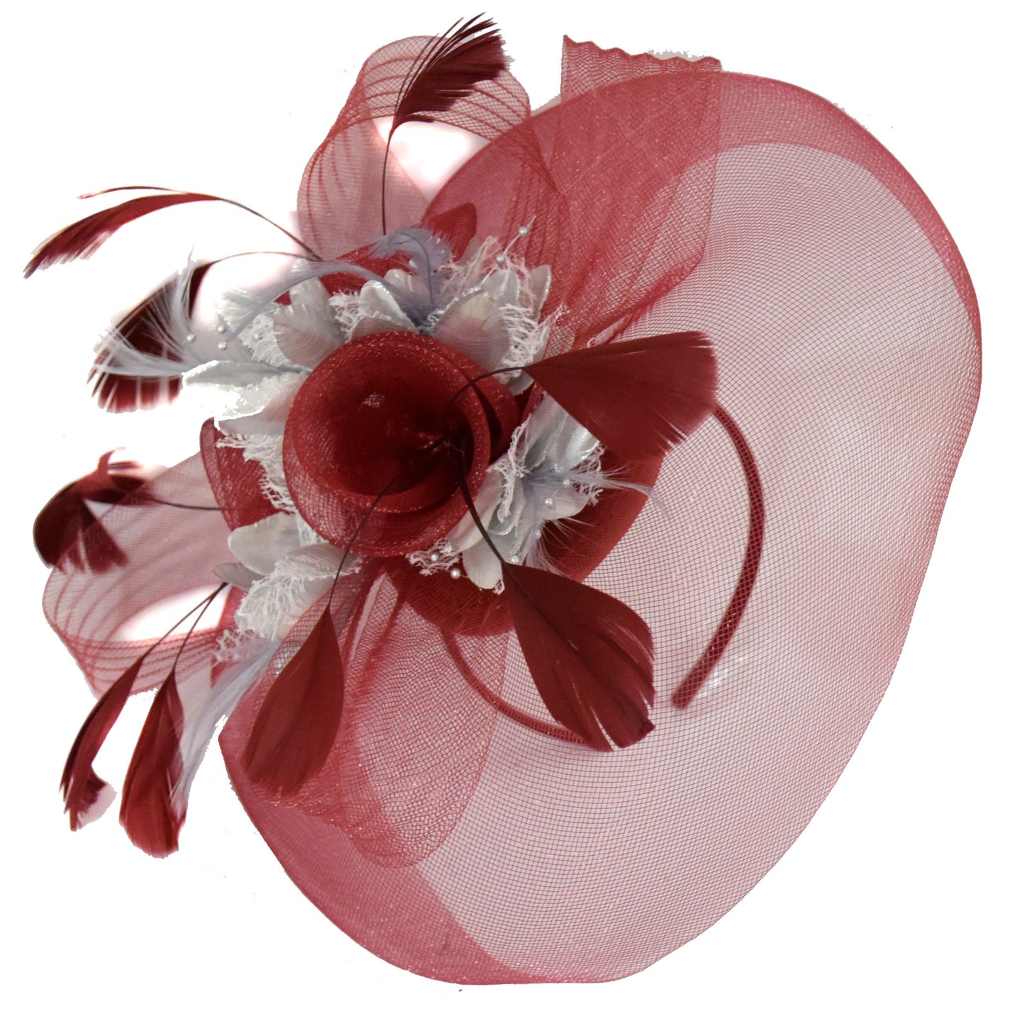 Caprilite Burgundy and silver Fascinator on Headband Veil UK Wedding Ascot Races Hatinator