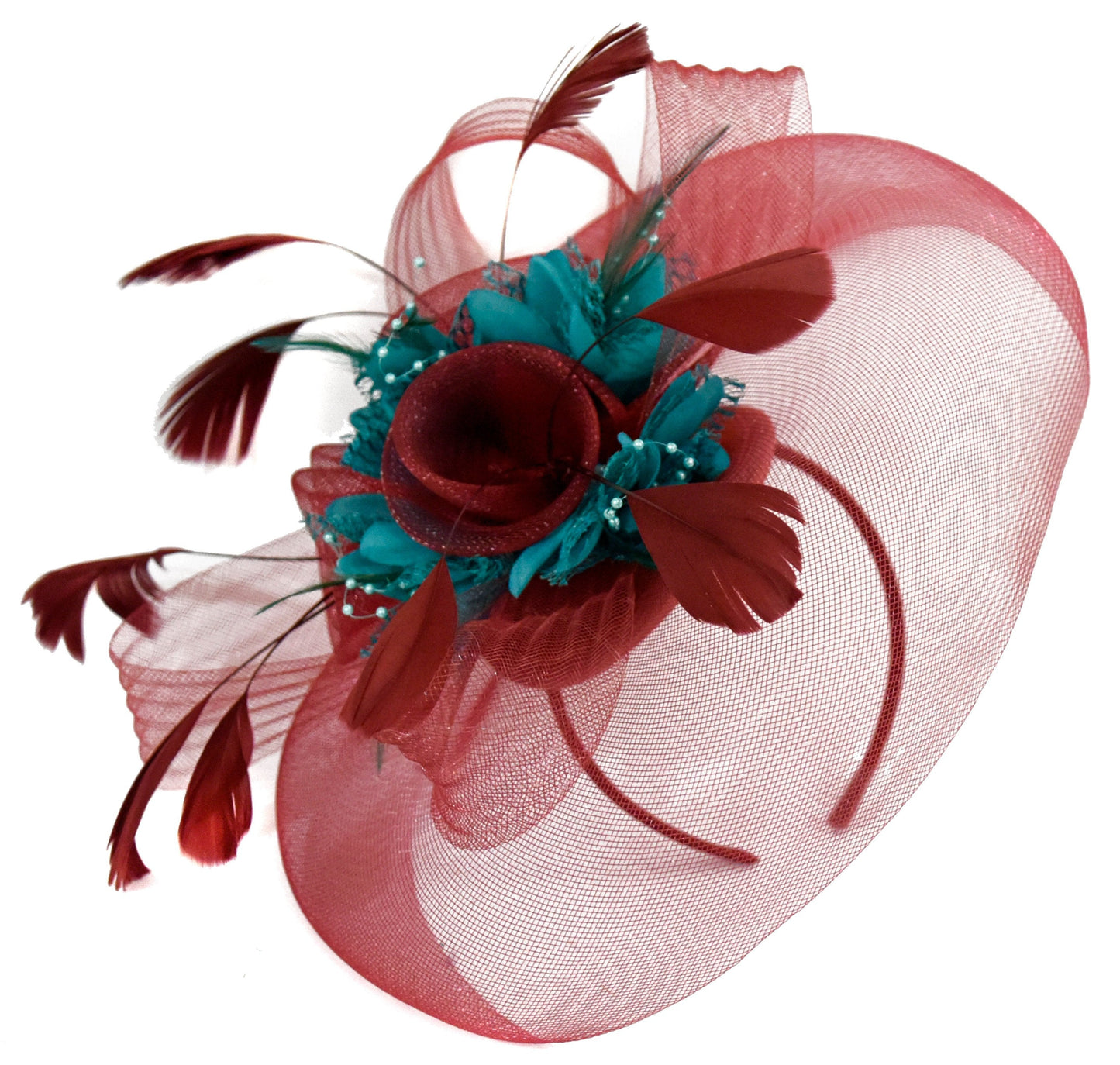 Caprilite Burgundy and Teal Fascinator on Headband Veil UK Wedding Ascot Races Hatinator