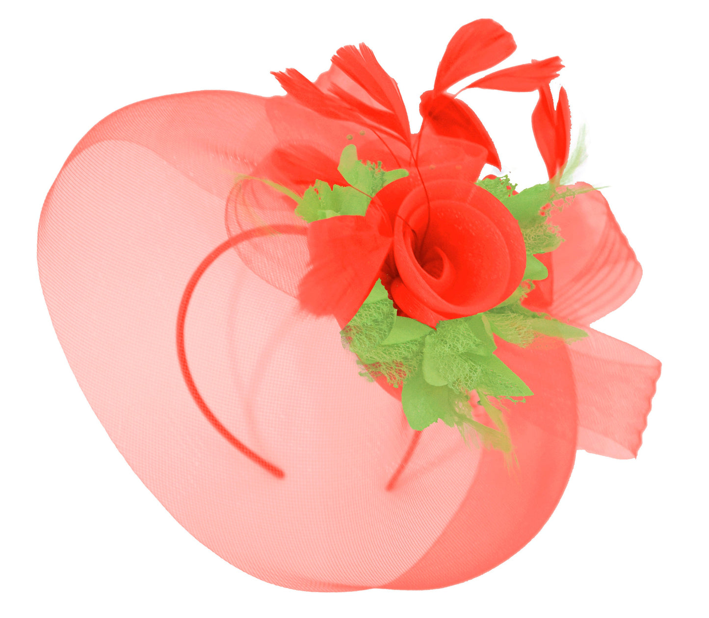 Caprilite Red and Lime Green Fascinator on Headband Veil UK Wedding Ascot Races Hatinator