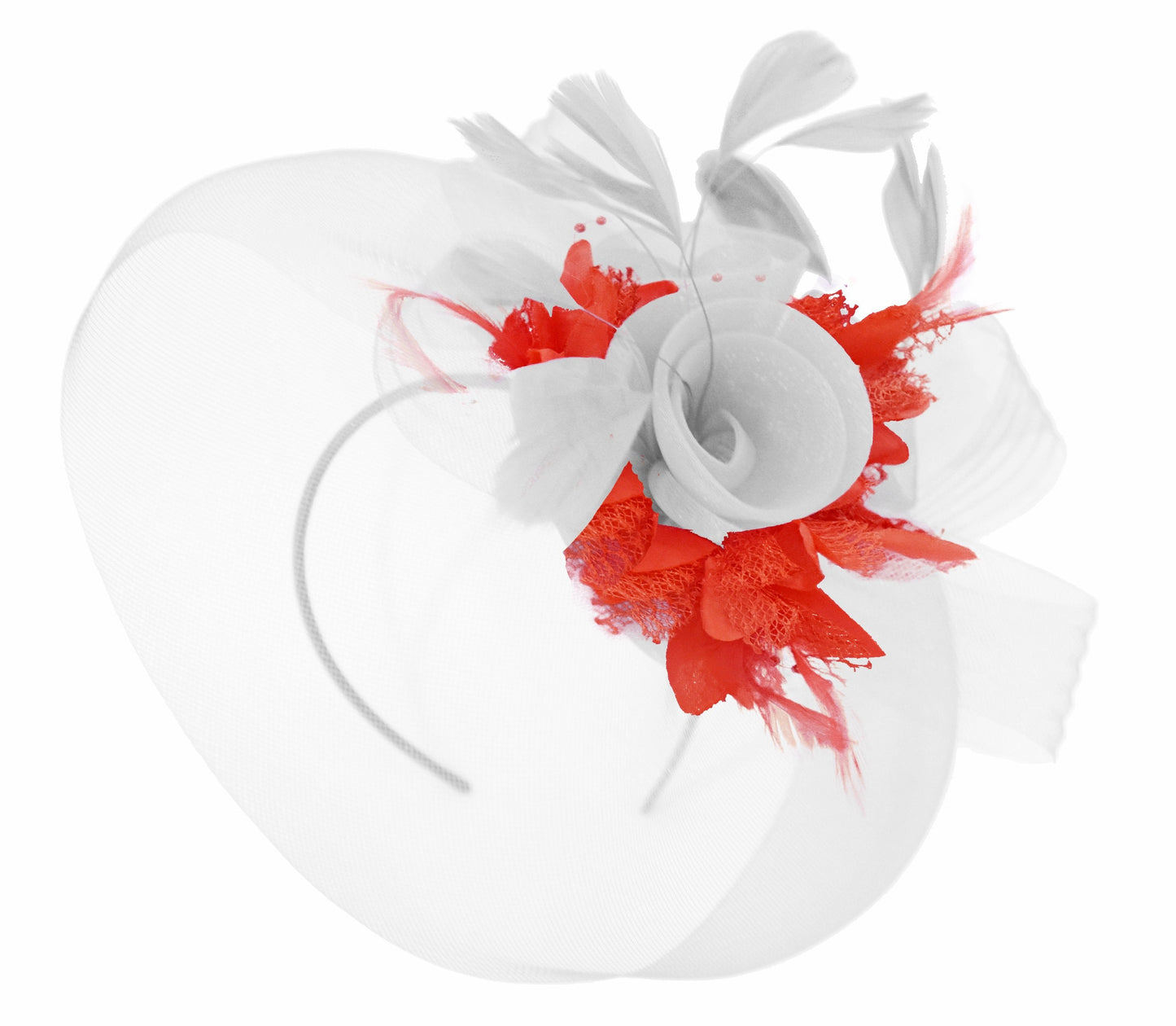 Caprilite White and Red Fascinator on Headband Veil UK Wedding Ascot Races Hatinator