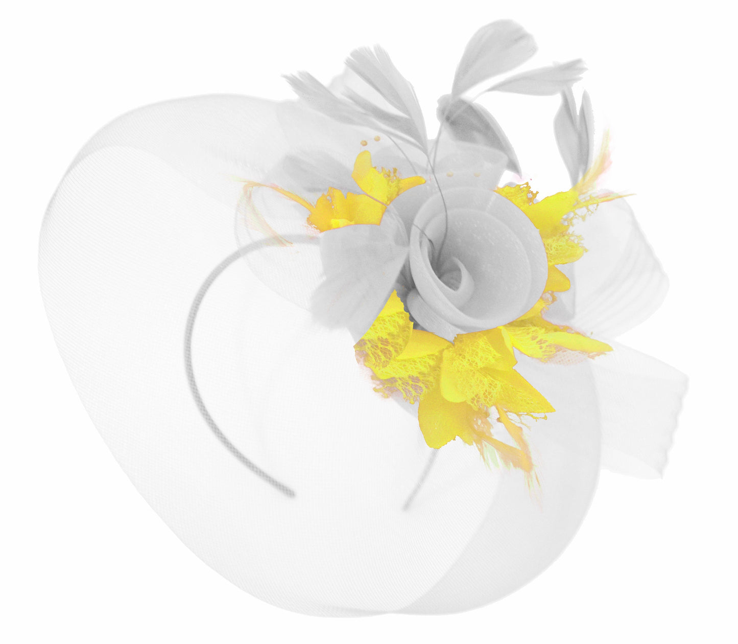Caprilite White and Yellow Fascinator on Headband Veil UK Wedding Ascot Races Hatinator