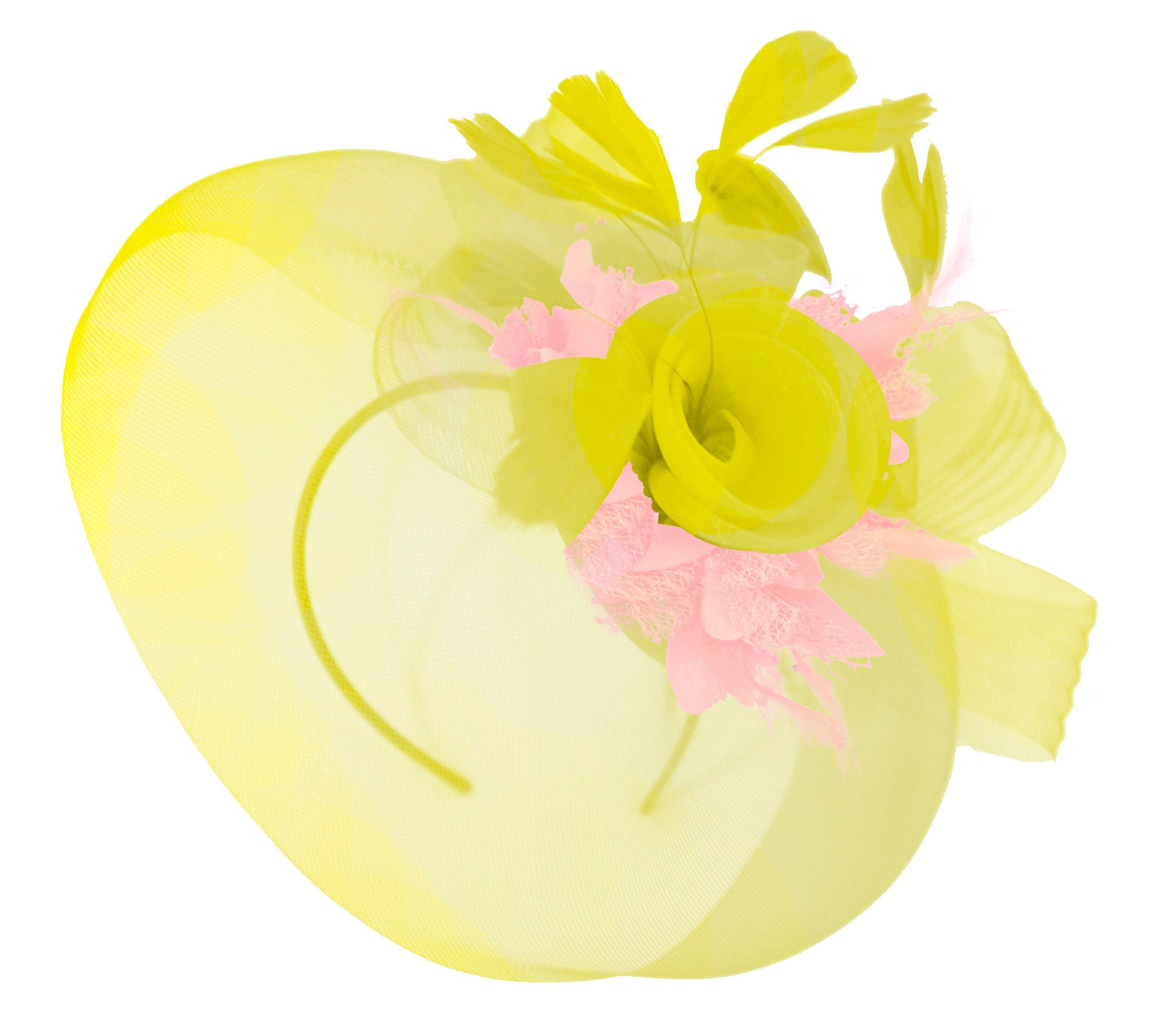 Caprilite Yellow and baby Pink Fascinator on Headband Veil UK Wedding Ascot Races Hatinator