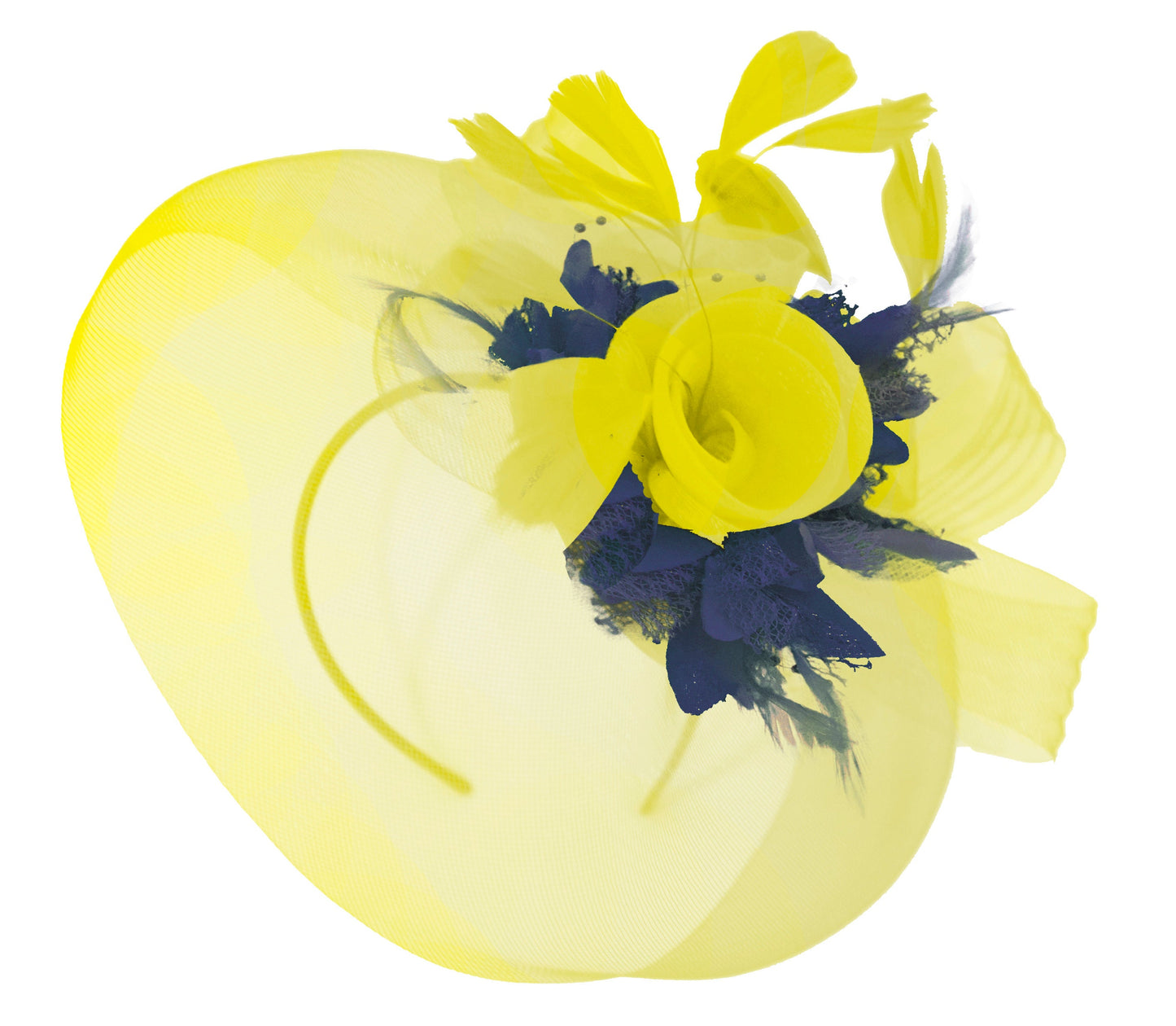 Caprilite Yellow and Navy Fascinator on Headband Veil UK Wedding Ascot Races Hatinator