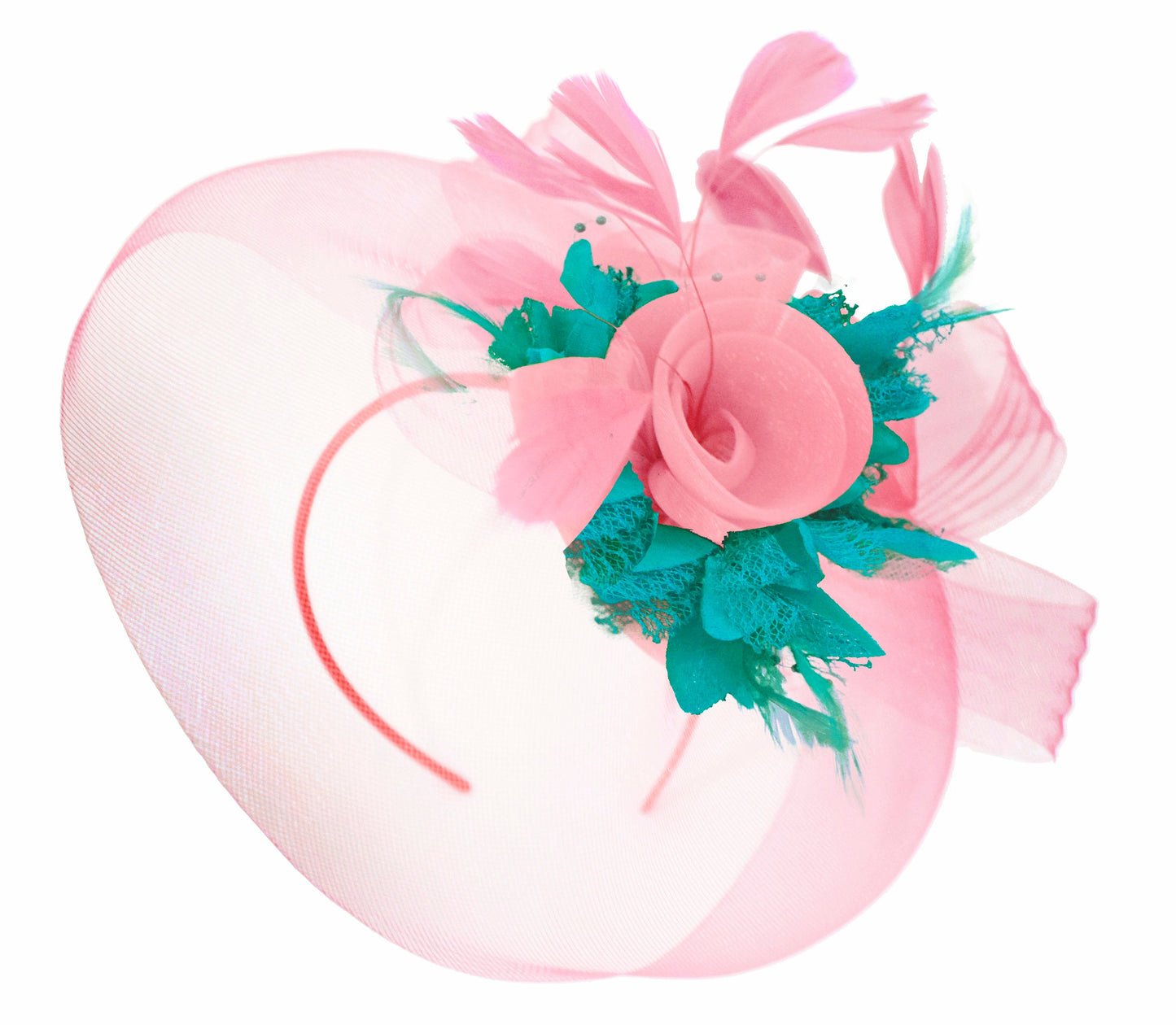 Caprilite Baby Pink and Teal on Headband Veil UK Wedding Ascot Races Hatinator