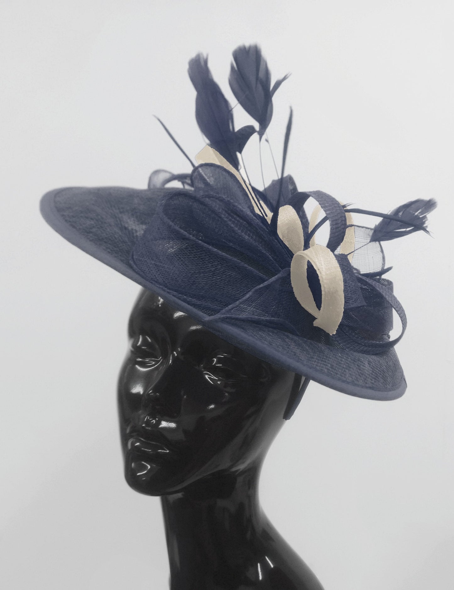 Caprilite Big Saucer Sinamay Navy Blue & Cream Mixed Colour Fascinator On Headband