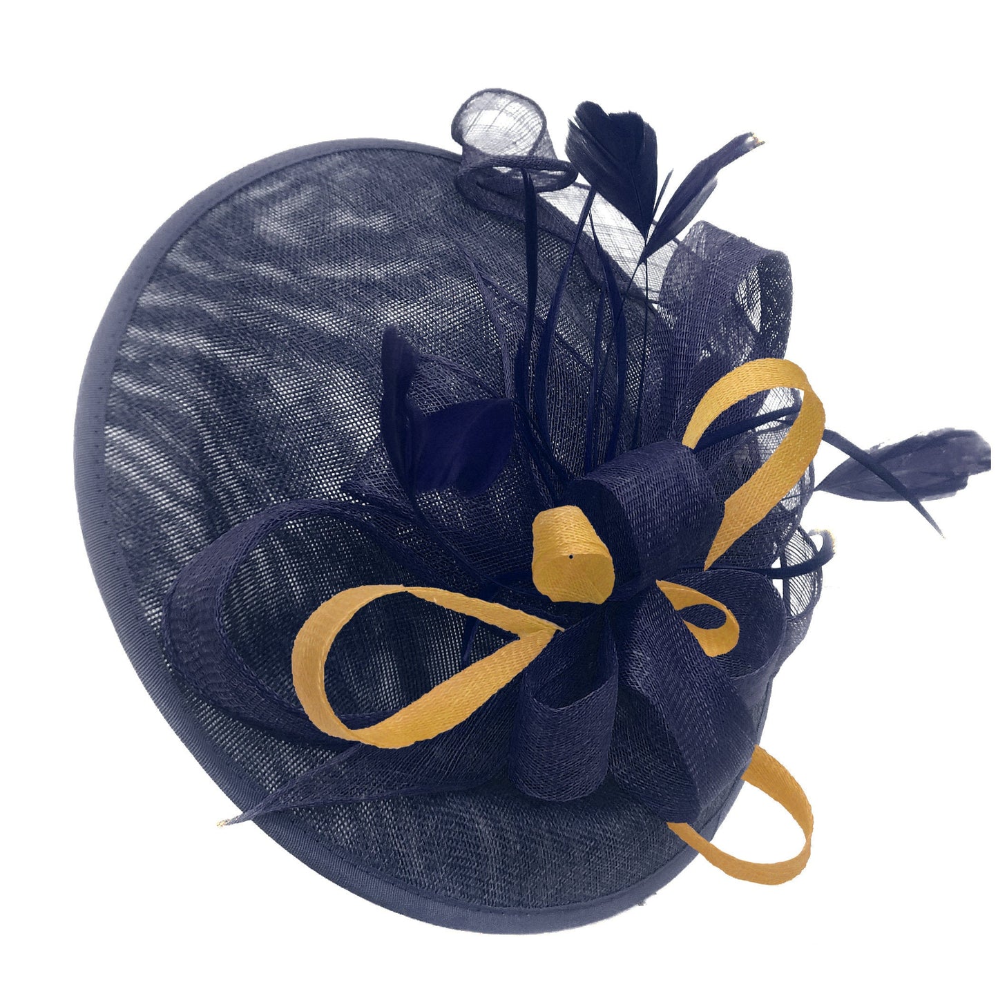 Caprilite Big Saucer Sinamay Navy Blue & Mustard Gold Mixed Colour Fascinator On Headband