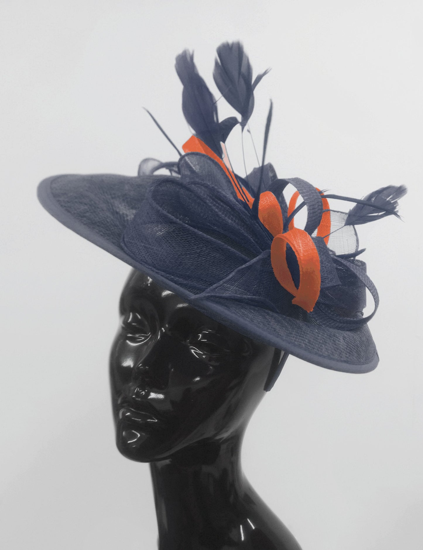 Caprilite Big Saucer Sinamay Navy Blue & Orange Mixed Colour Fascinator On Headband