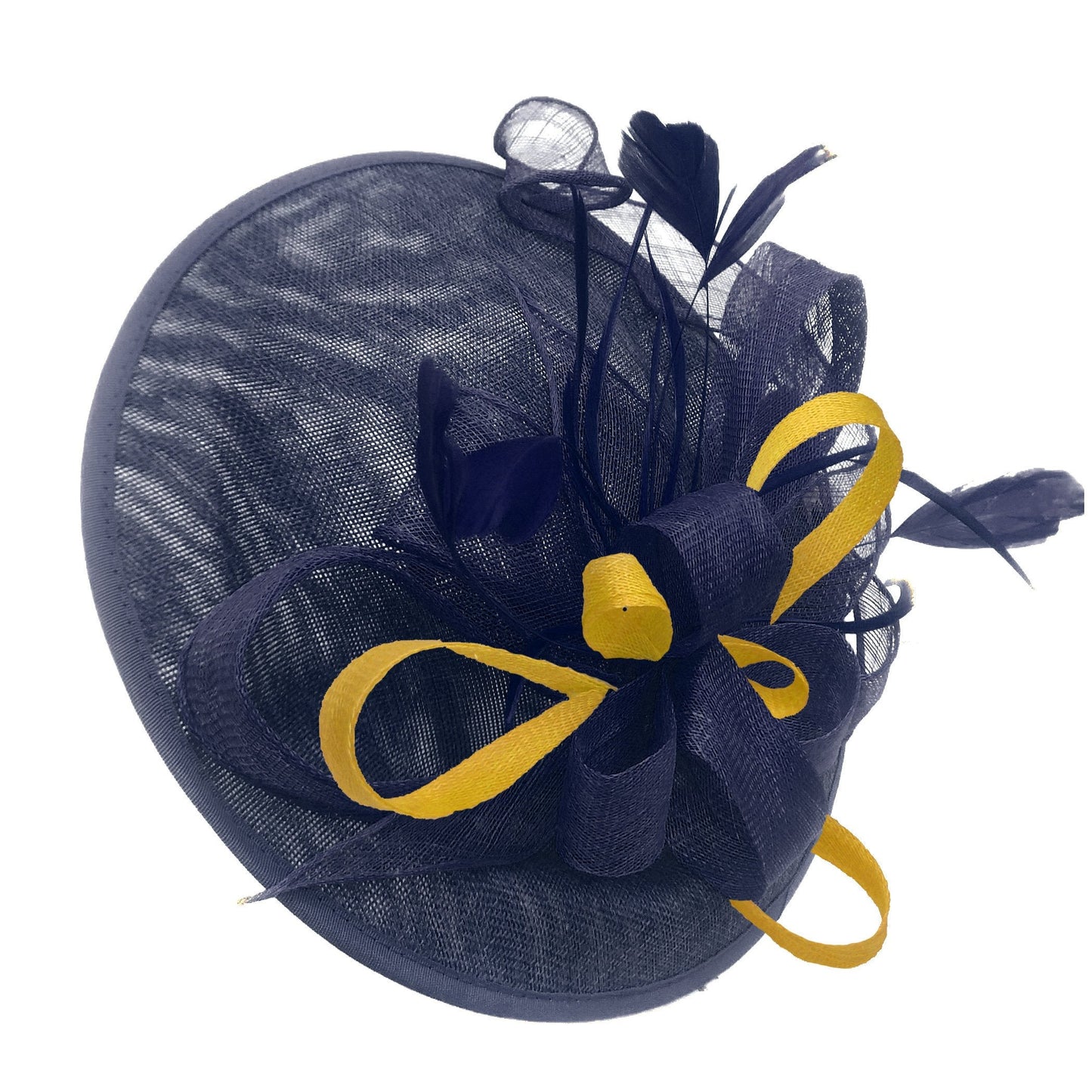 Caprilite Big Saucer Sinamay Navy Blue & Yellow Mixed Colour Fascinator On Headband
