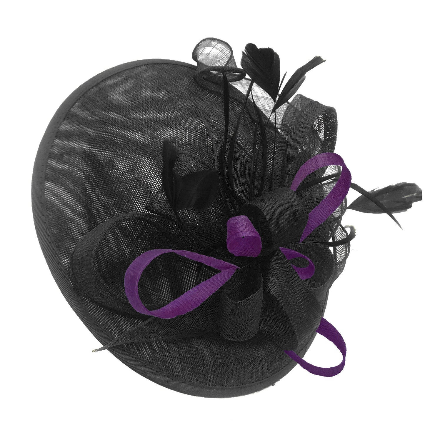 Caprilite Big Saucer Sinamay Black & Dark Purple Mixed Colour Fascinator On Headband