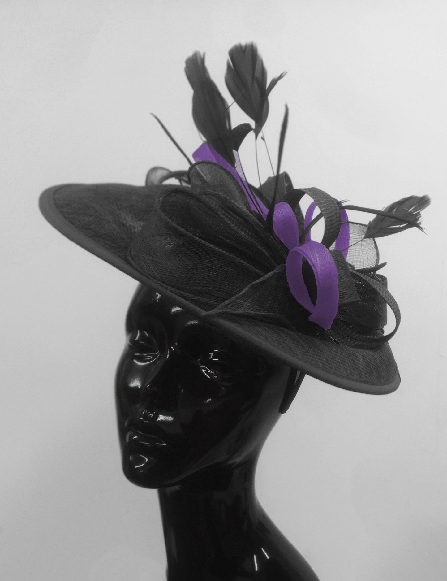 Caprilite Big Saucer Sinamay Black & Dark Purple Mixed Colour Fascinator On Headband