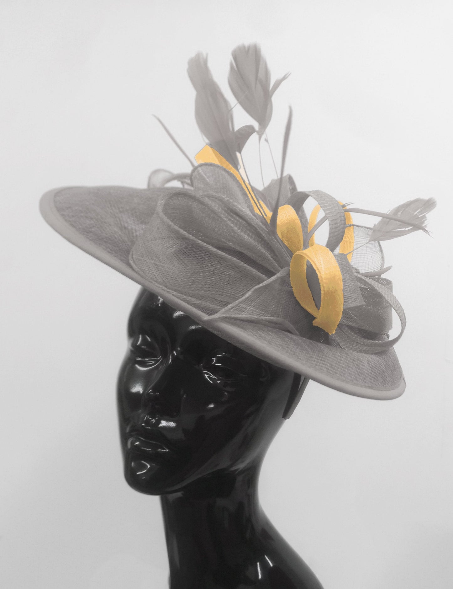 Caprilite Big Saucer Sinamay Silver Grey & Mustard Gold Mixed Colour Fascinator On Headband