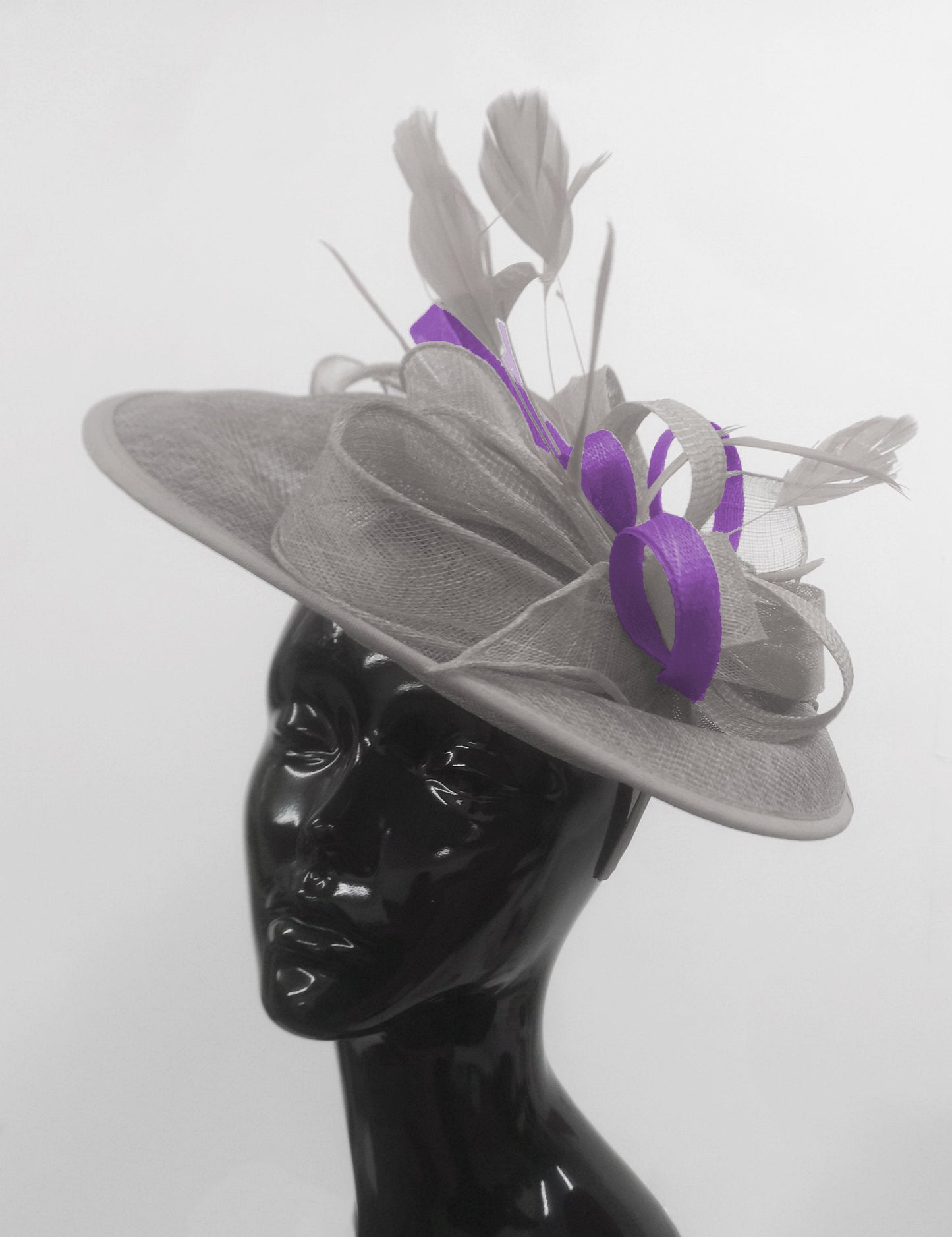 Caprilite Big Saucer Sinamay Silver Grey & Cadbury Purple Mixed Colour Fascinator On Headband