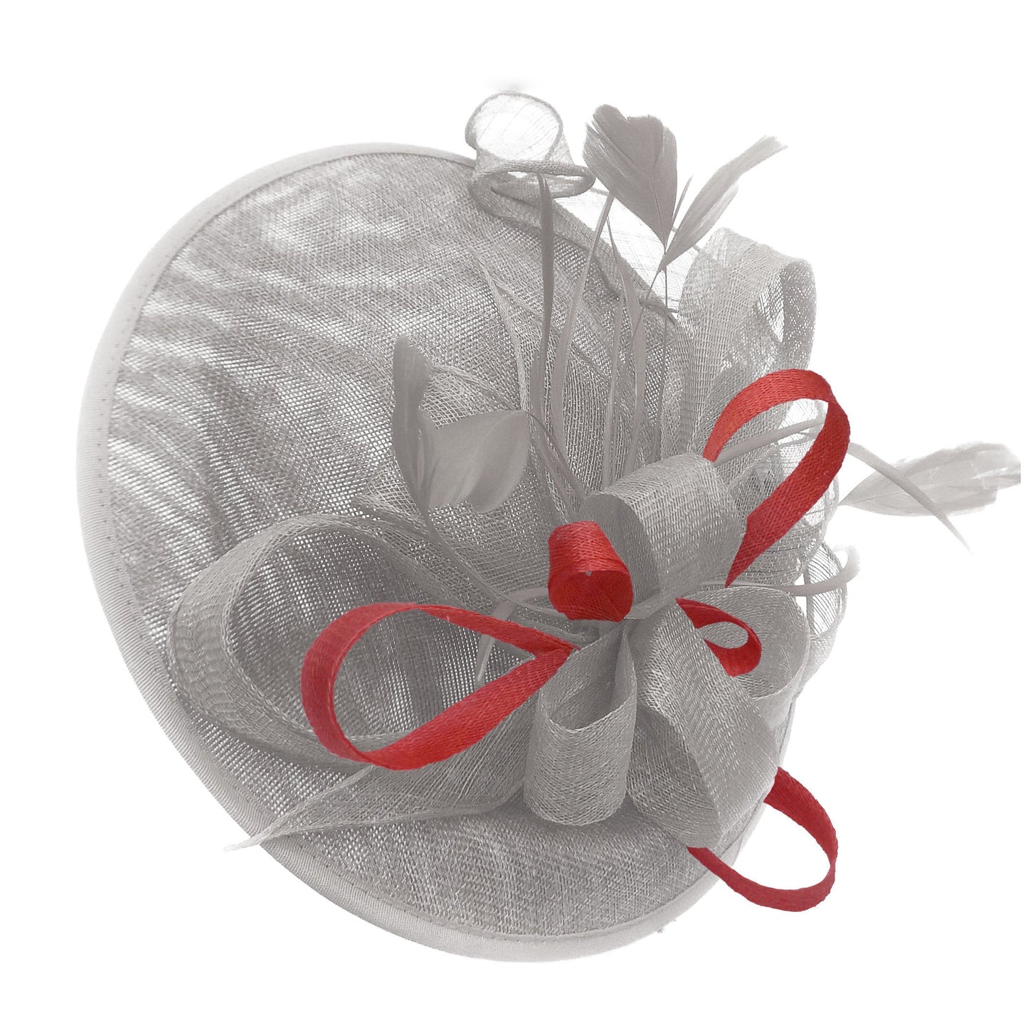 Caprilite Big Saucer Sinamay Silver Grey & Red Mixed Colour Fascinator On Headband