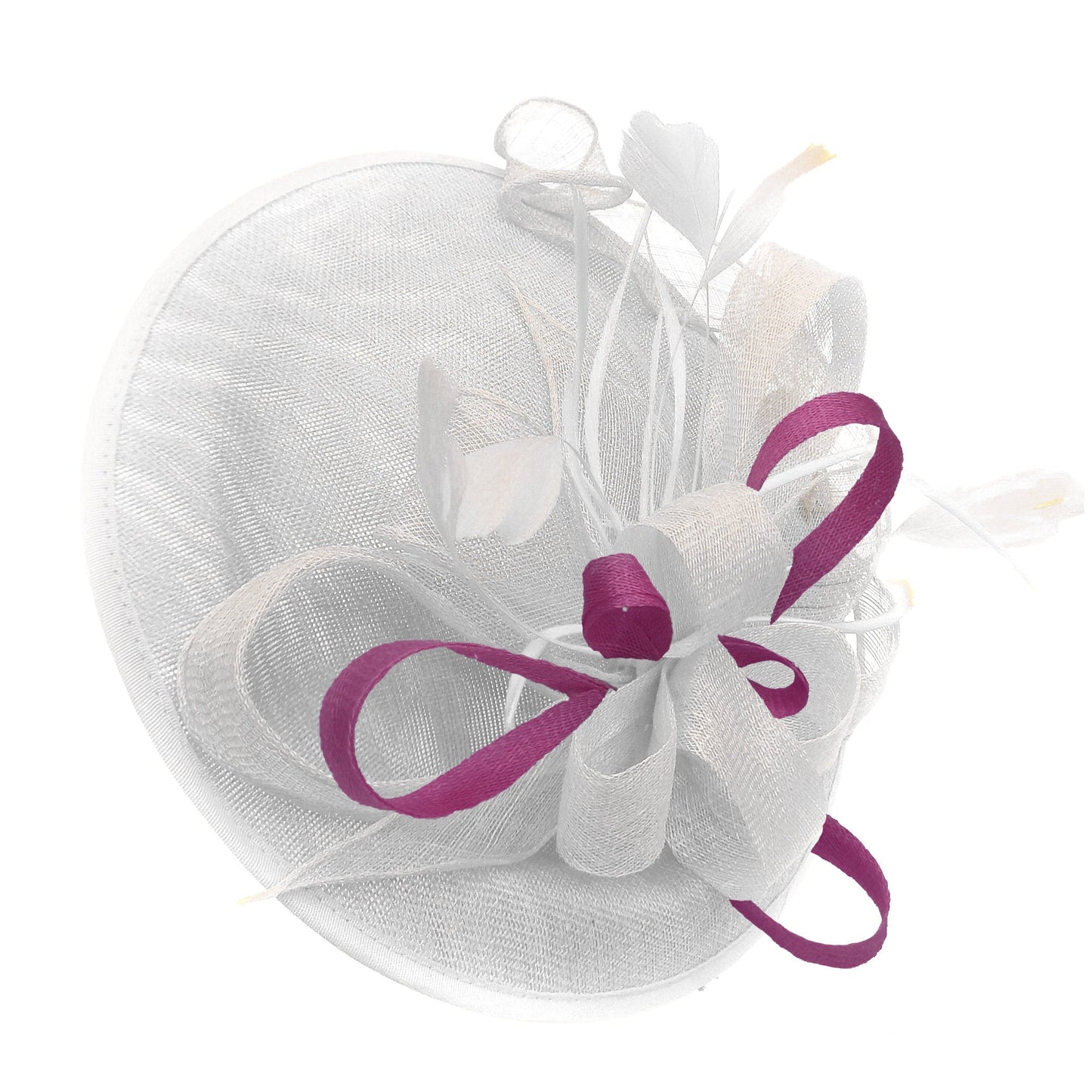 Caprilite Big Saucer Sinamay White & Plum Mixed Colour Fascinator On Headband