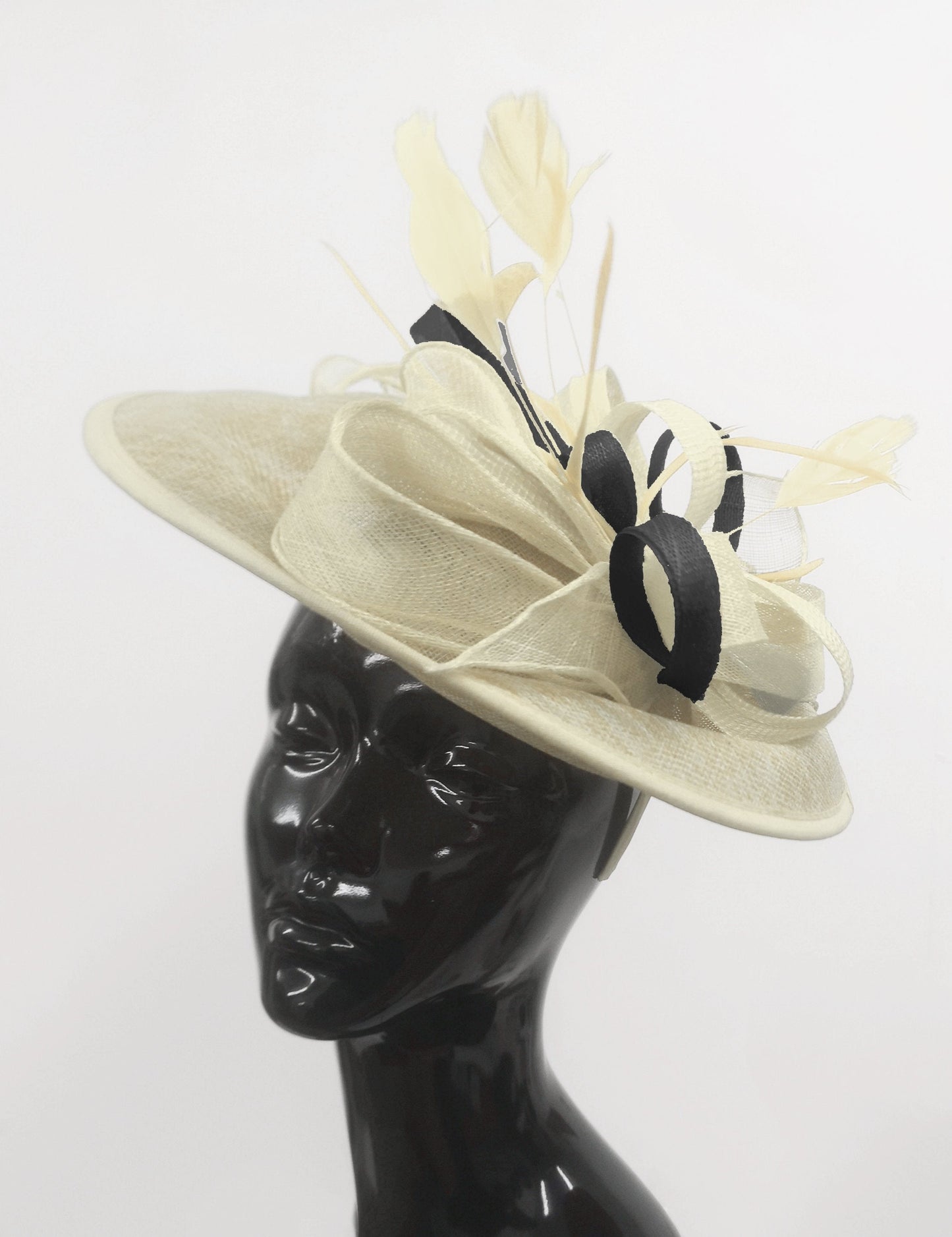 Caprilite Big Saucer Sinamay Cream Ivory & Black Mixed Colour Fascinator On Headband