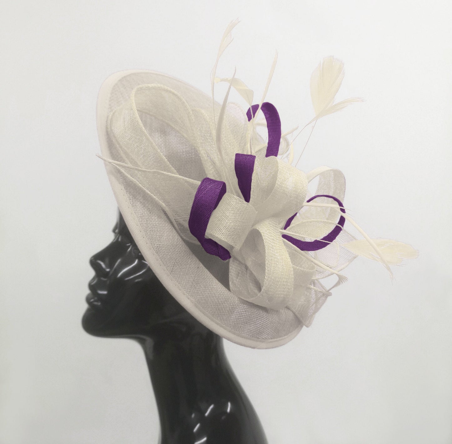 Caprilite Big Saucer Sinamay Cream Ivory & Dark Purple Mixed Colour Fascinator On Headband