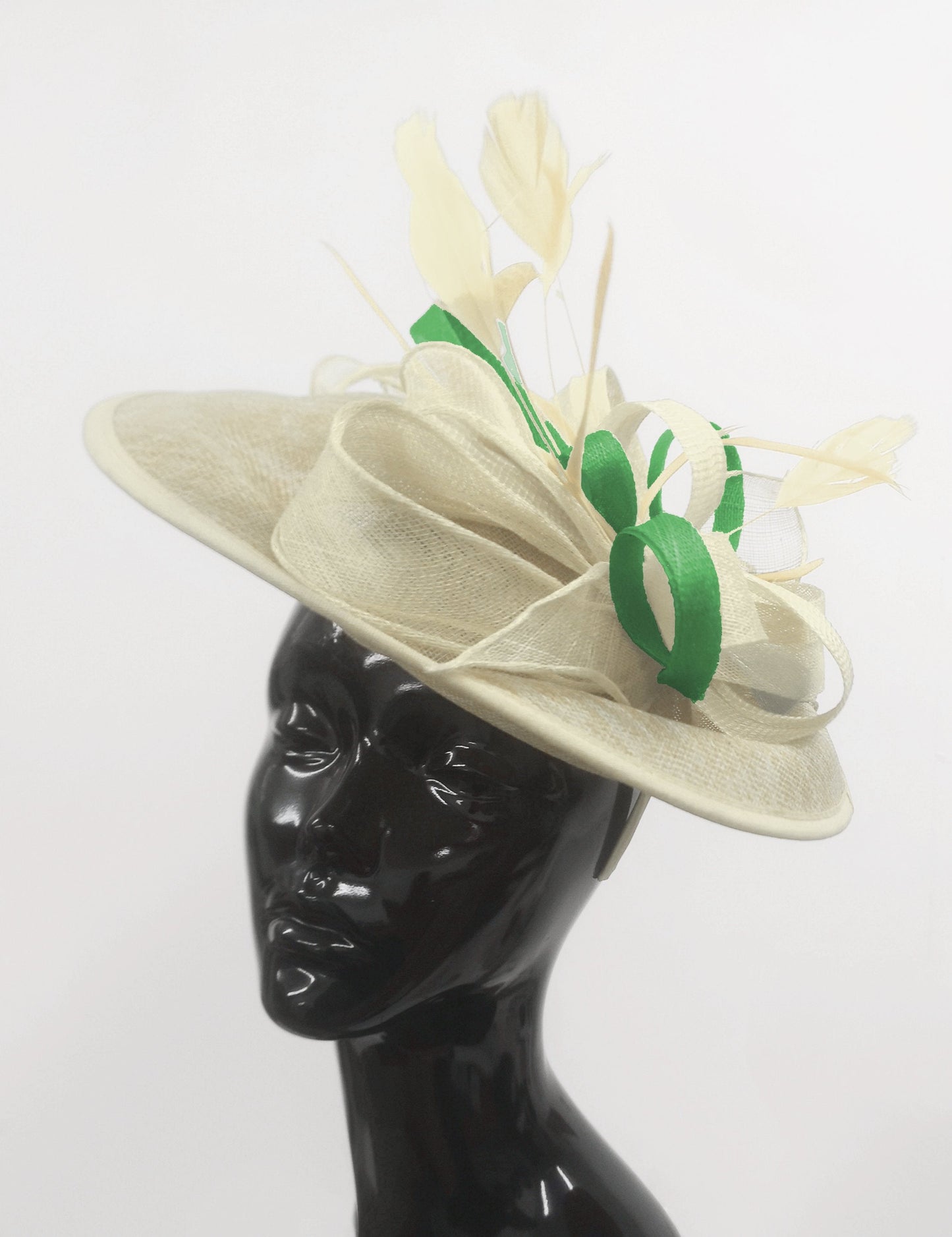 Caprilite Big Saucer Sinamay Cream Ivory & Jade Green Mixed Colour Fascinator On Headband