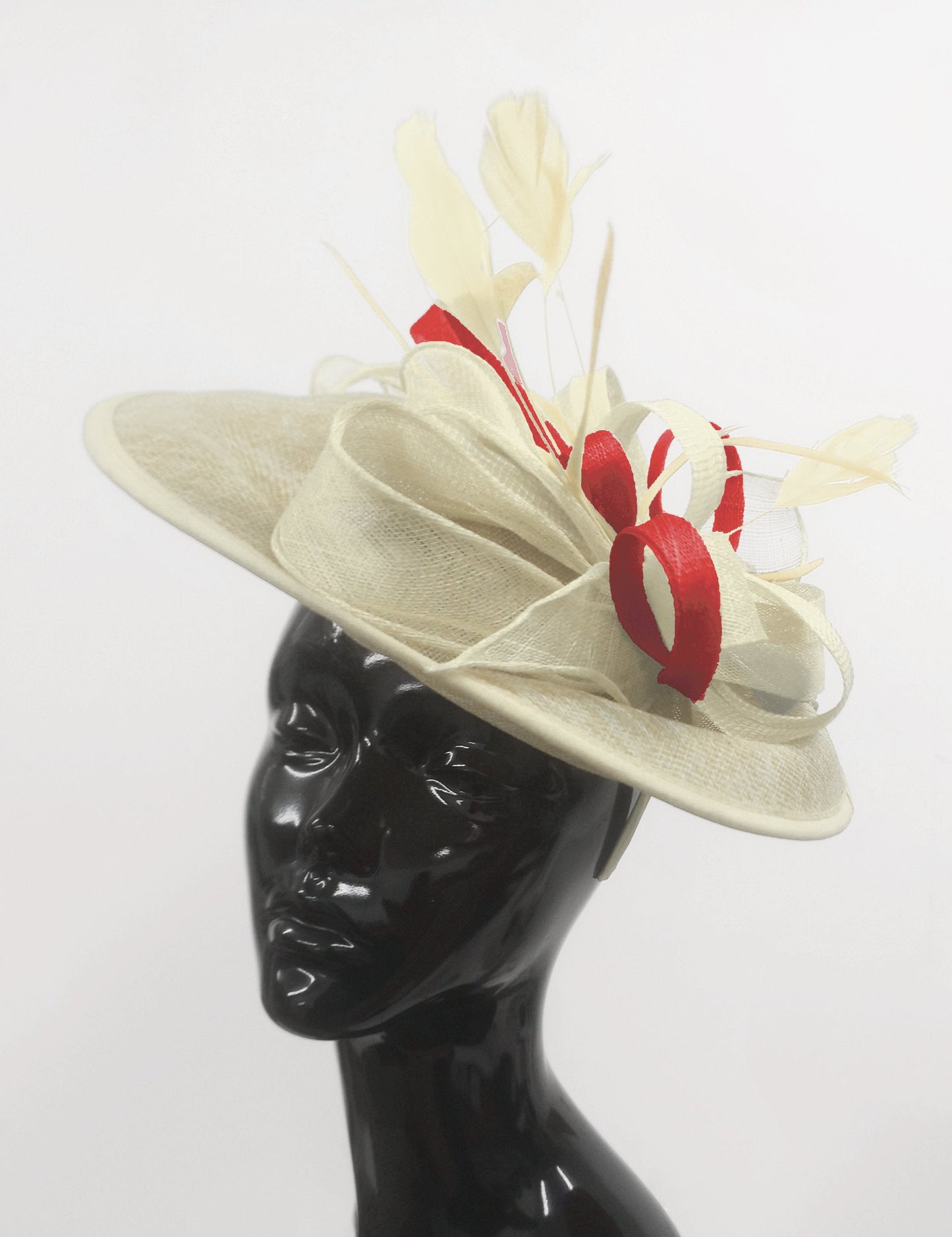 Caprilite Big Saucer Sinamay Cream ivory & Red Mixed Colour Fascinator On Headband
