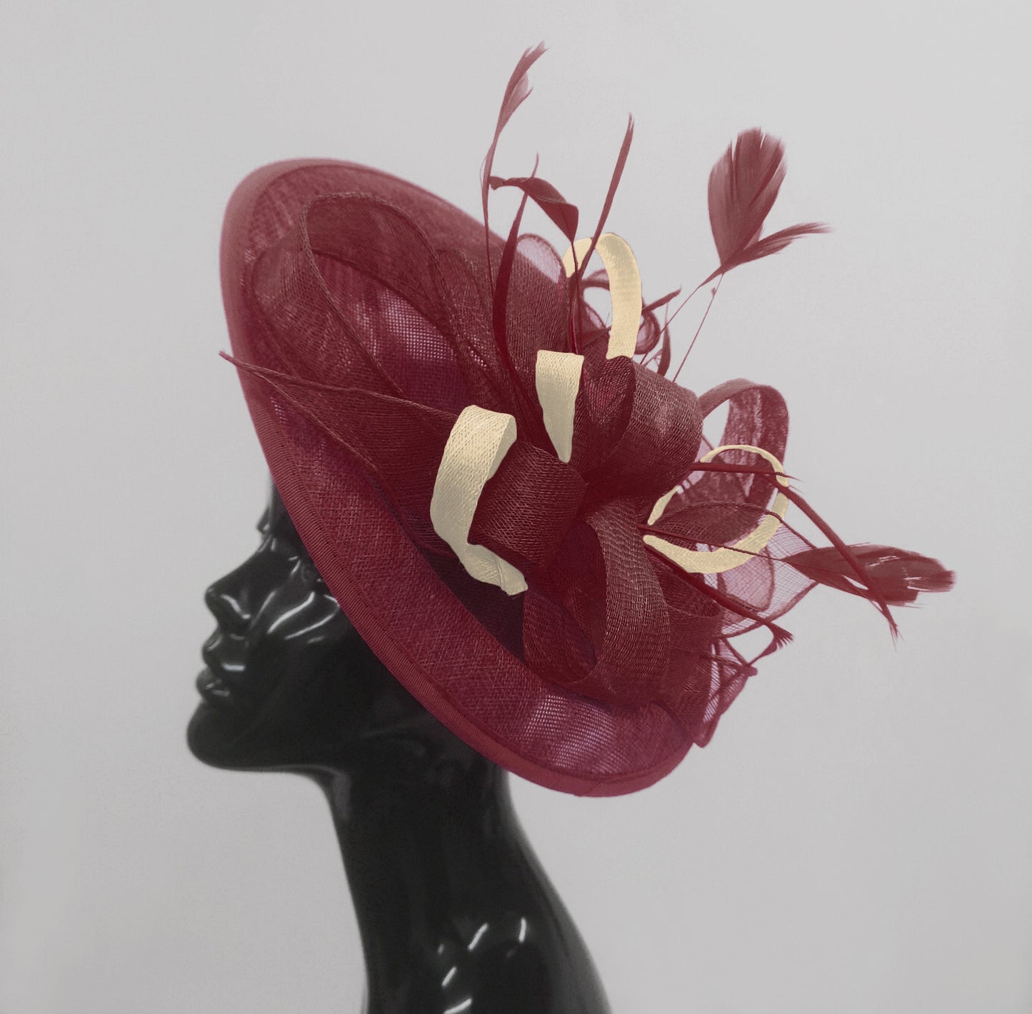 Caprilite Big Saucer Sinamay Burgundy & Cream Ivory Mixed Colour Fascinator On Headband