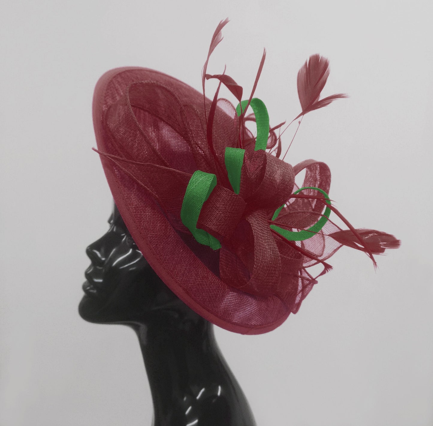 Caprilite Big Saucer Sinamay Burgundy & Green Mixed Colour Fascinator On Headband